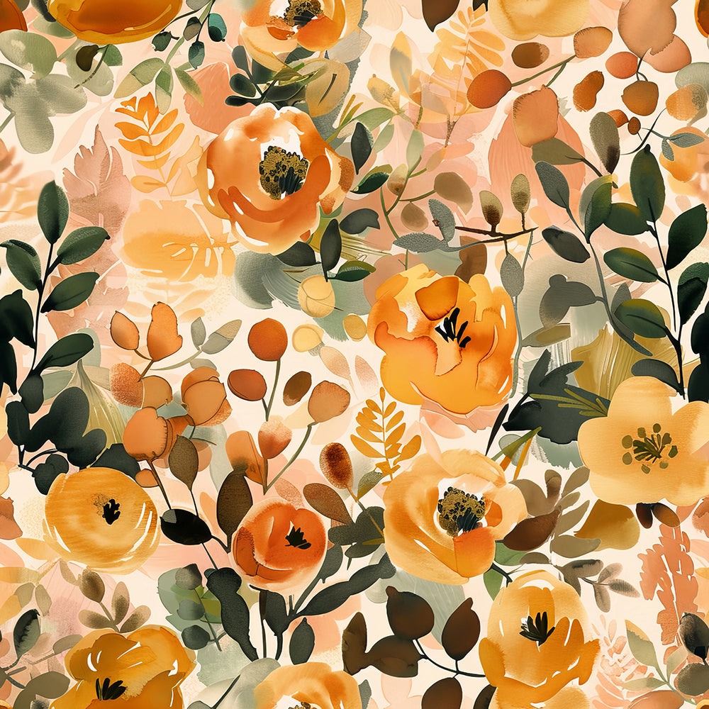 HaokHome Warm Floral Watercolor Wallpaper Soft Orange and Green Flowers with Leafy Accents