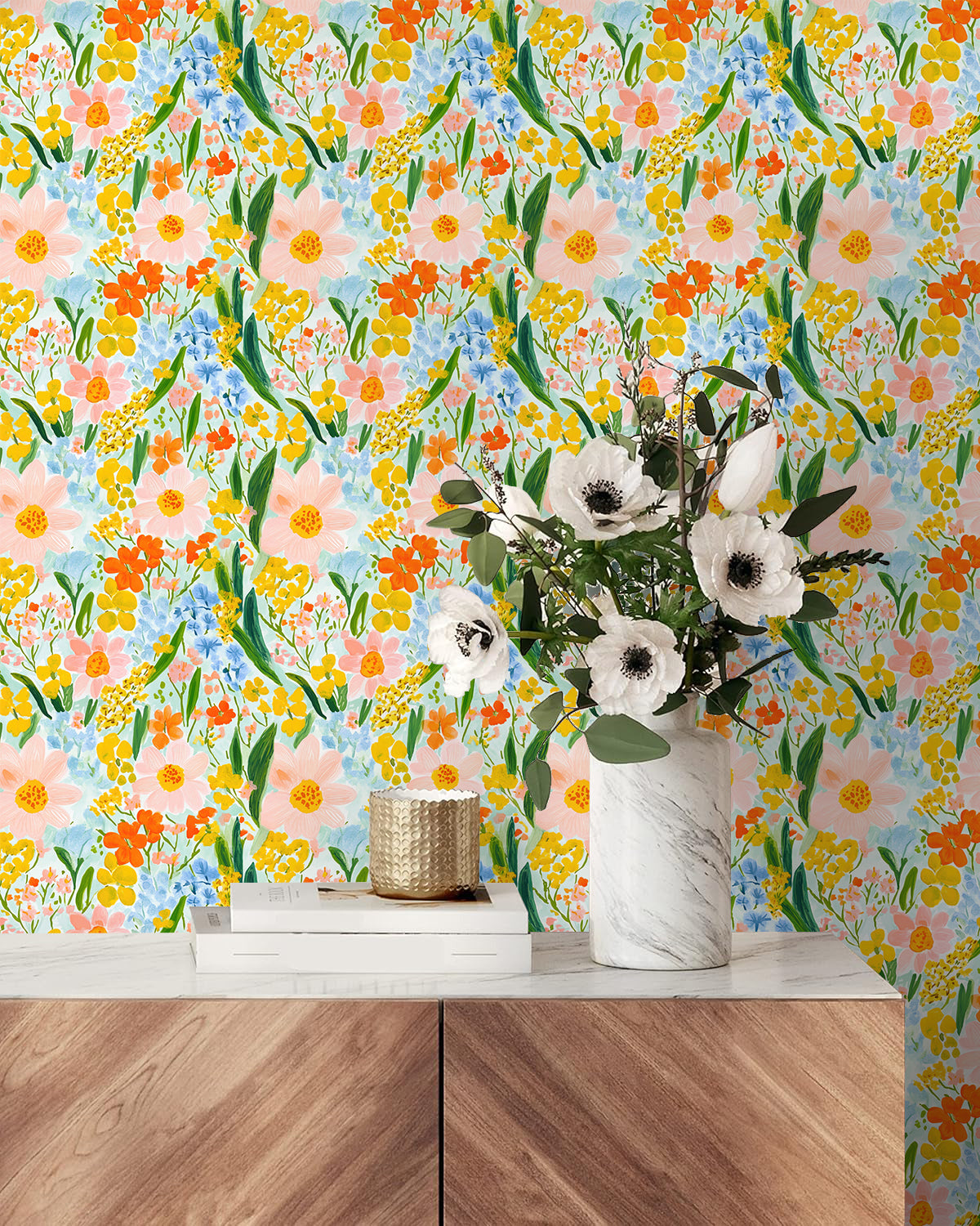 HaokHome Watercolor Floral Wallpaper – Vibrant Pink, Yellow, and Blue Flowers on Light Blue Background for Living Room & Bedroom