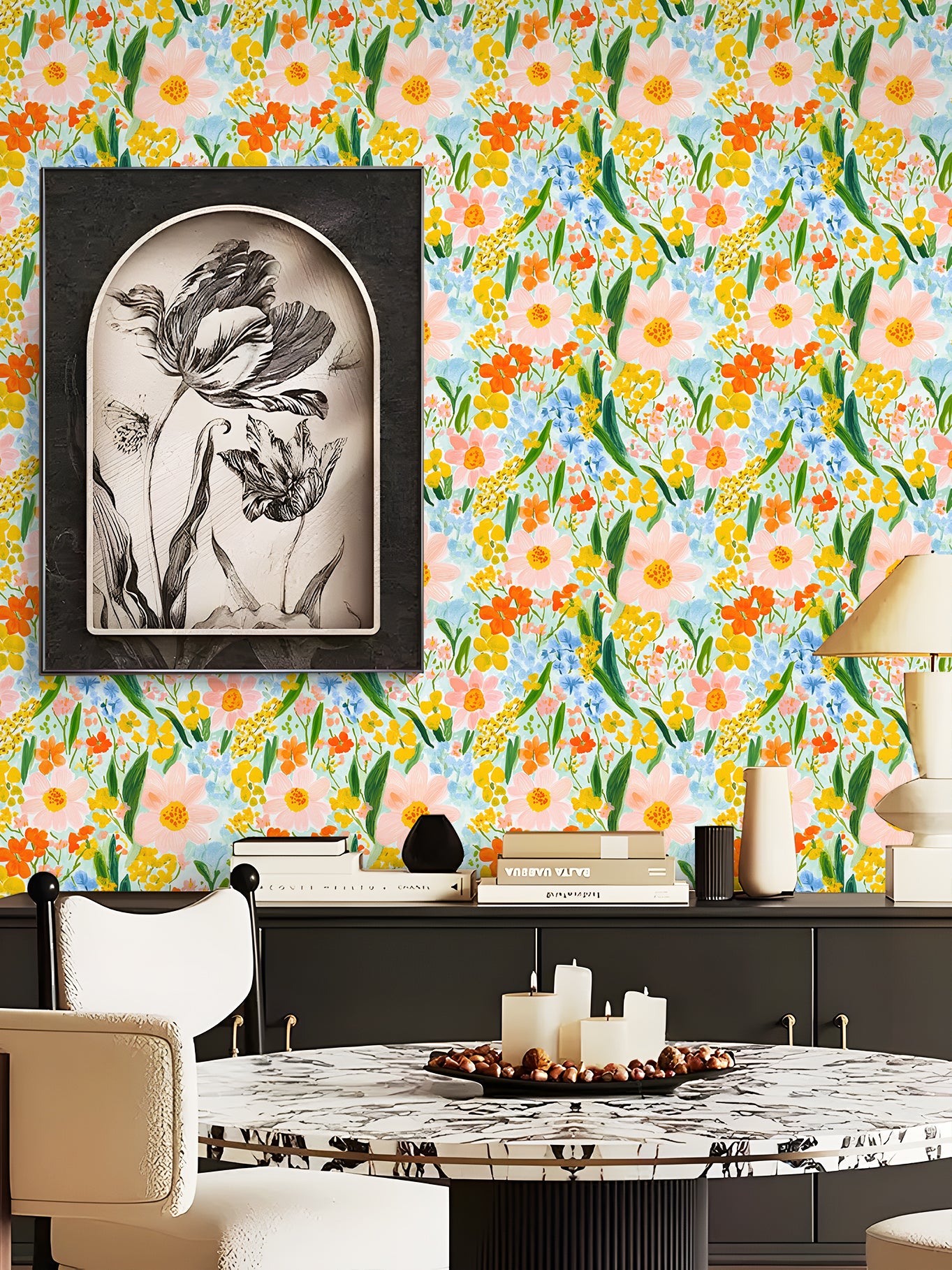 HaokHome Watercolor Floral Wallpaper – Vibrant Pink, Yellow, and Blue Flowers on Light Blue Background for Living Room & Bedroom