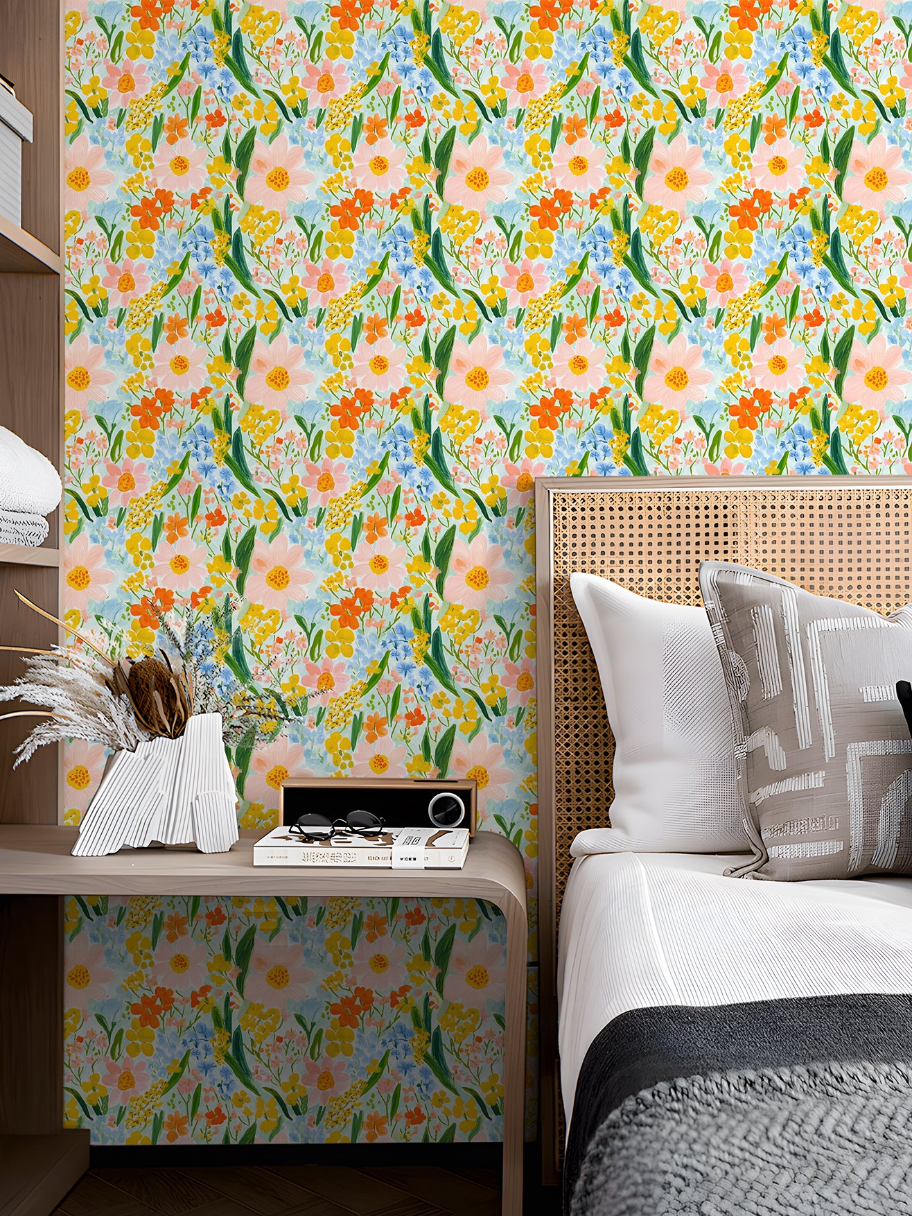 HaokHome Watercolor Floral Wallpaper – Vibrant Pink, Yellow, and Blue Flowers on Light Blue Background for Living Room & Bedroom