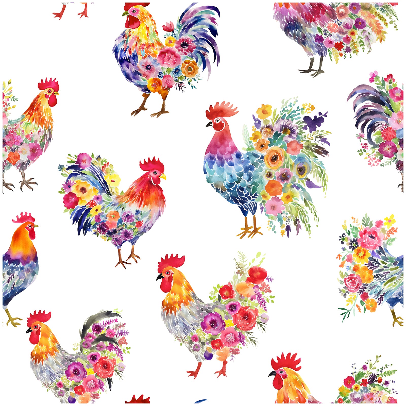 HaokHome Watercolor Rooster and Floral Wallpaper Colorful Chickens with Flower Arrangements on White Background
