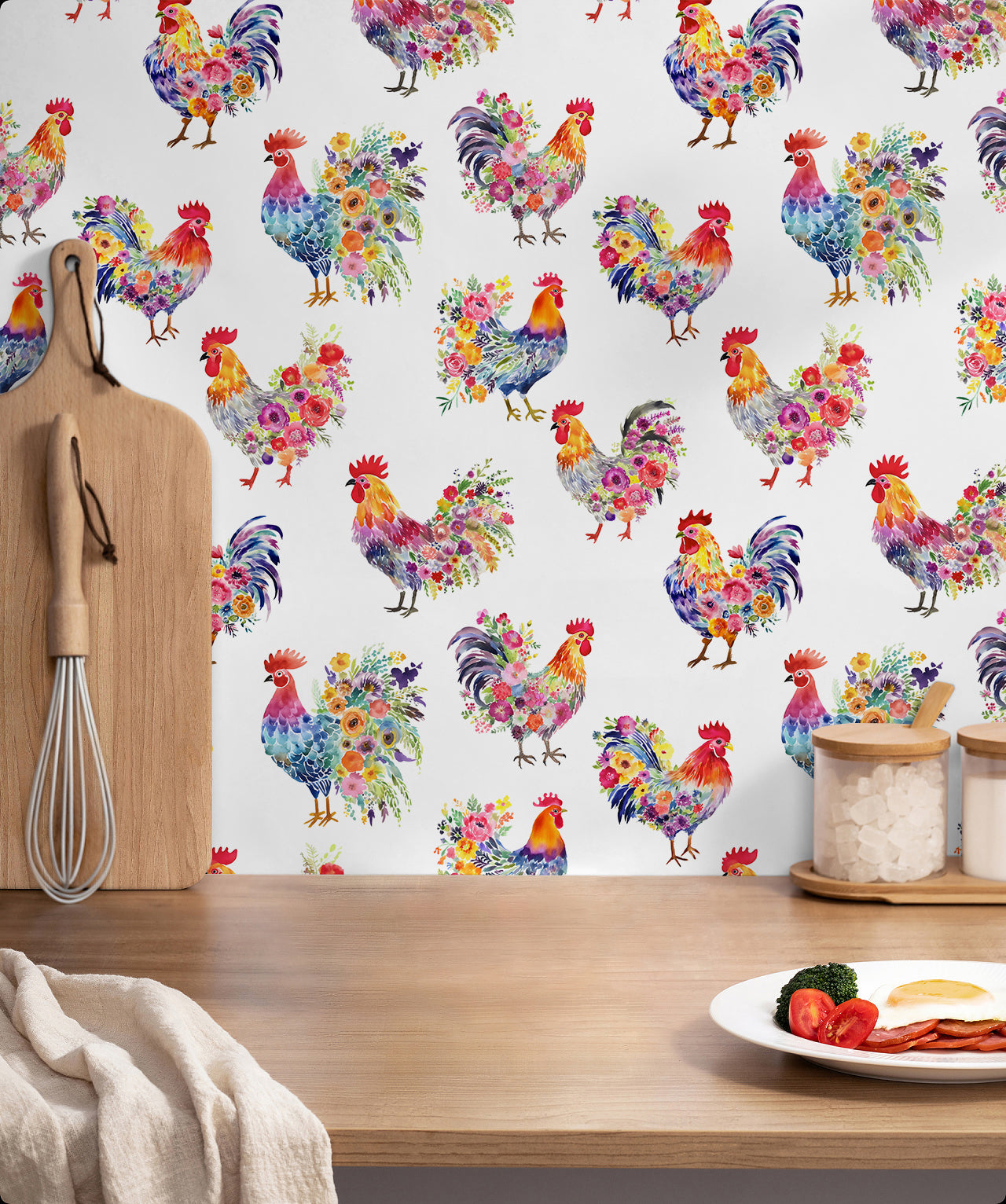 HaokHome Watercolor Rooster and Floral Wallpaper Colorful Chickens with Flower Arrangements on White Background