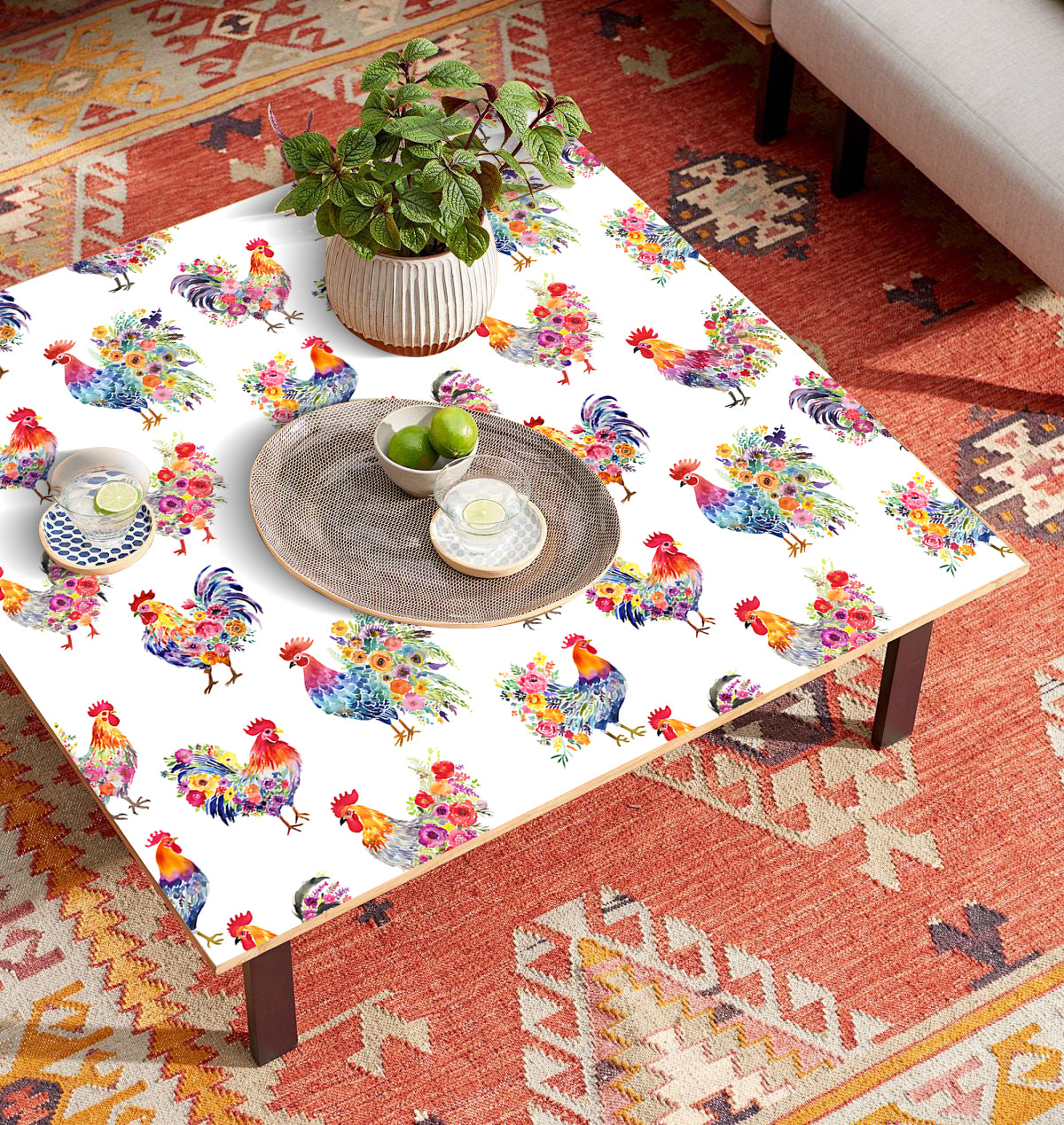 HaokHome Watercolor Rooster and Floral Wallpaper Colorful Chickens with Flower Arrangements on White Background