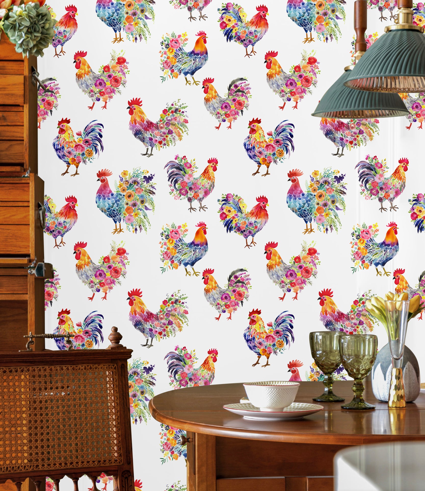 HaokHome Watercolor Rooster and Floral Wallpaper Colorful Chickens with Flower Arrangements on White Background