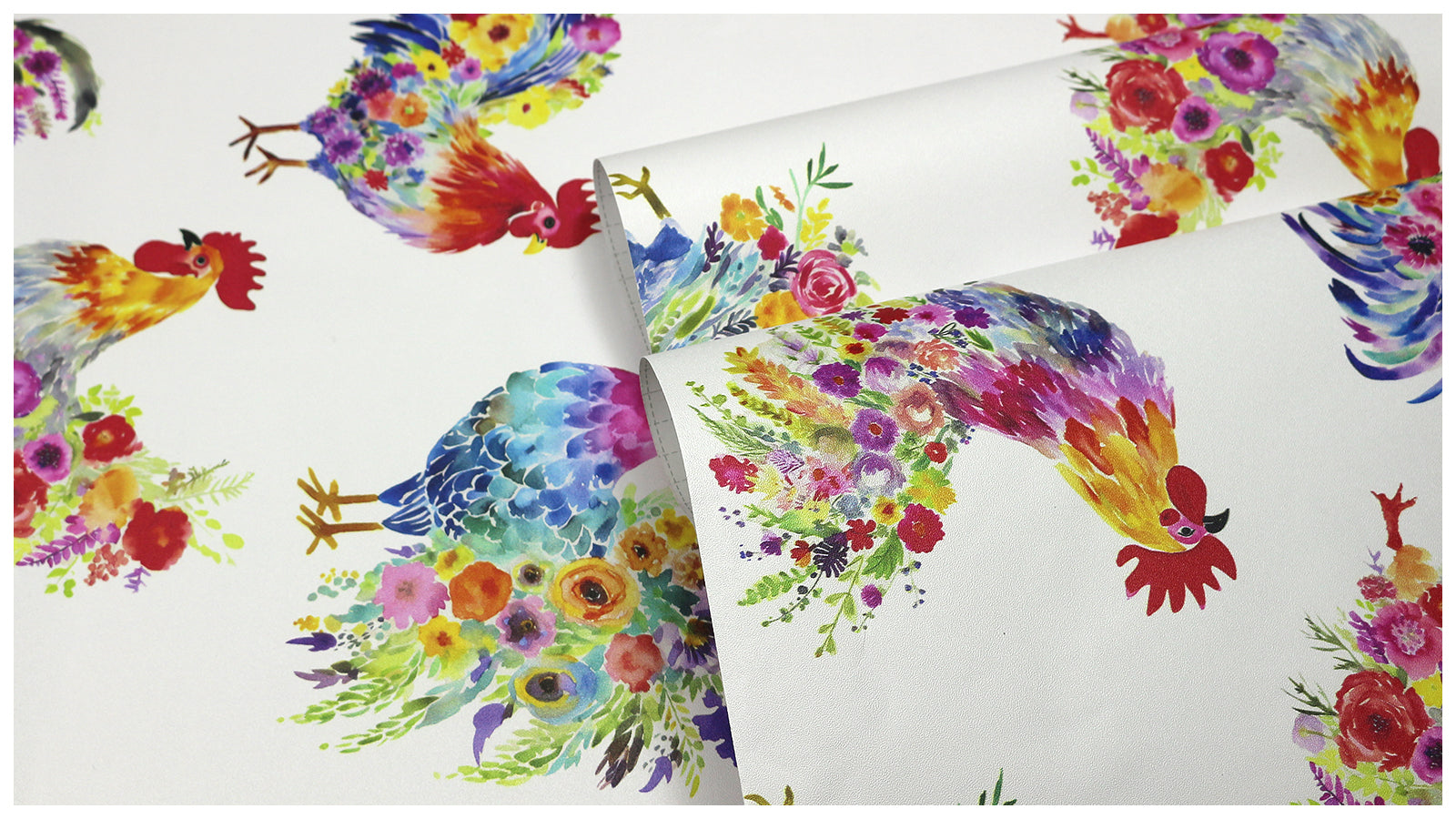 HaokHome Watercolor Rooster and Floral Wallpaper Colorful Chickens with Flower Arrangements on White Background