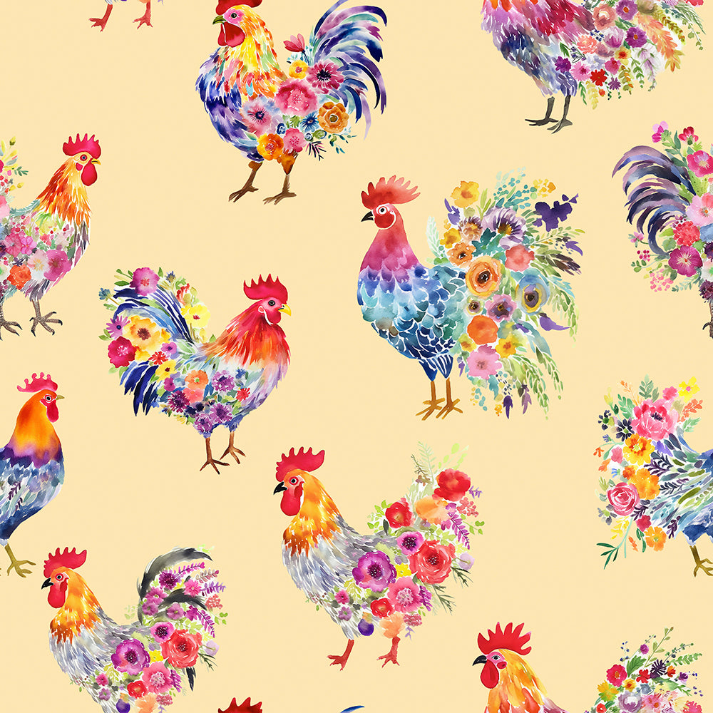 HaokHome Watercolor Rooster and Floral Wallpaper Colorful Chickens with Flower Bouquets on Yellow Background