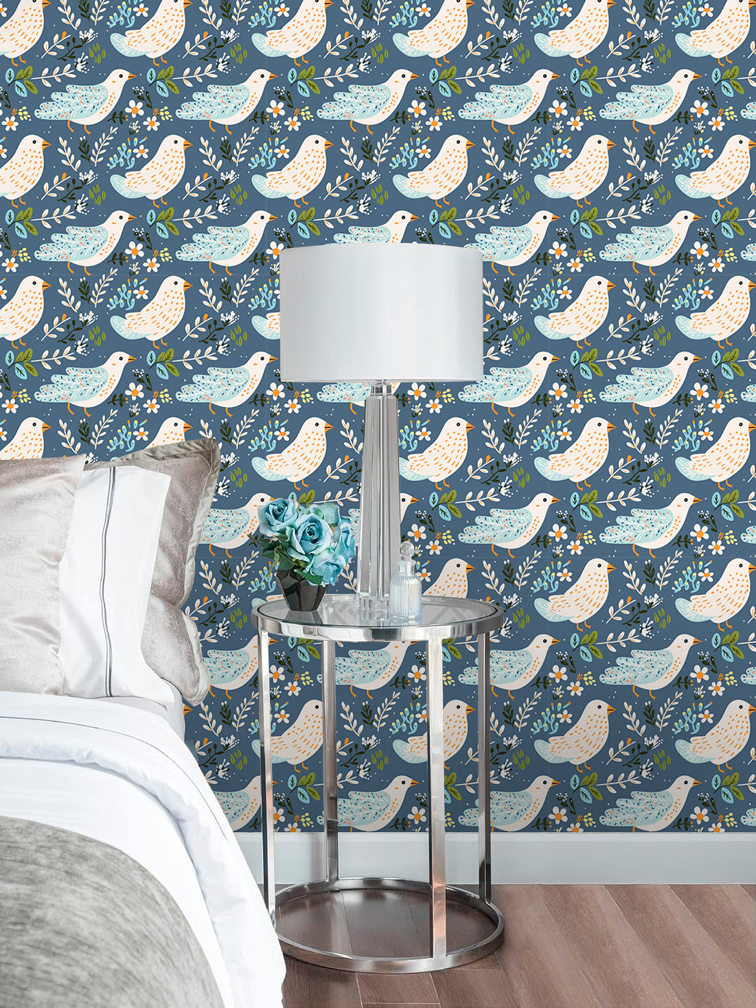 HaokHome Whimsical Bird and Floral Wallpaper Soft Blue Background with Playful Birds and Blooms
