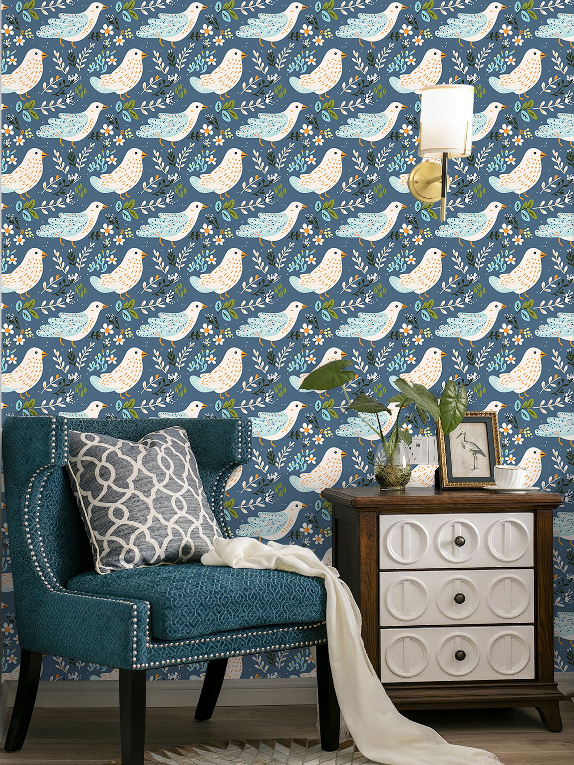 HaokHome Whimsical Bird and Floral Wallpaper Soft Blue Background with Playful Birds and Blooms