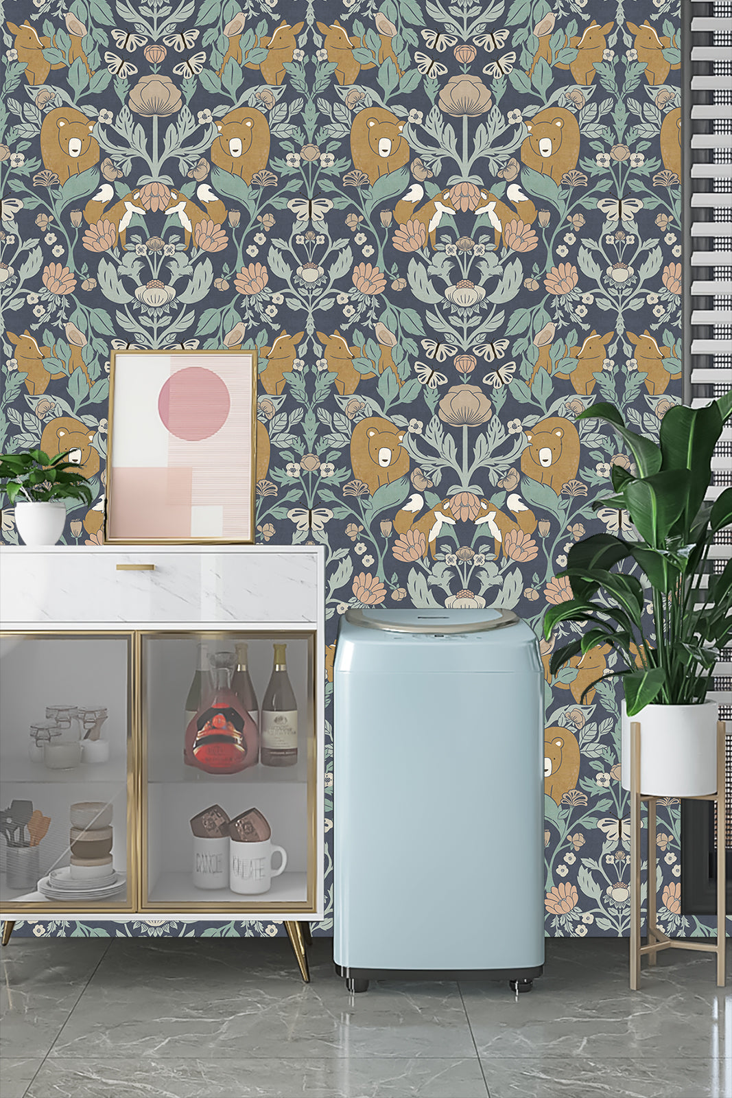 HaokHome Whimsical Woodland Wallpaper – Bears, Foxes & Butterflies in Soft Pastel Floral Design for Nursery & Living Rooms