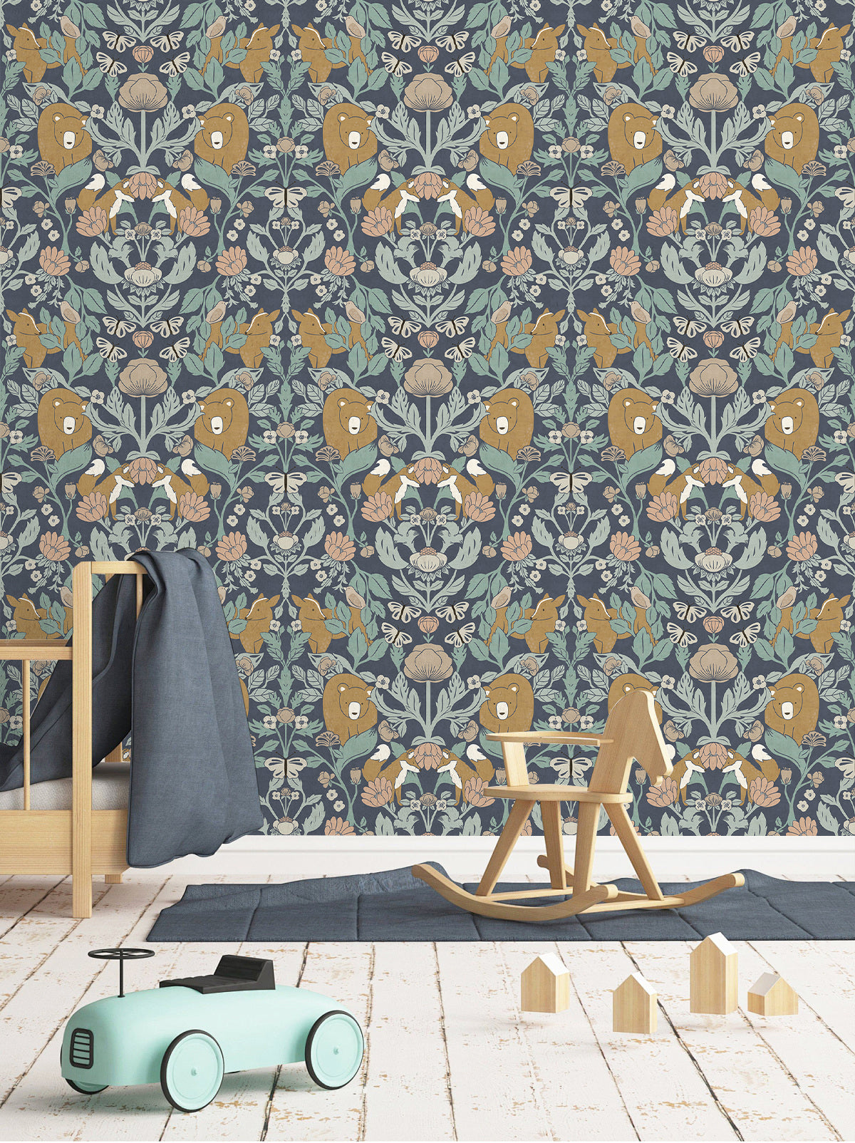 HaokHome Whimsical Woodland Wallpaper – Bears, Foxes & Butterflies in Soft Pastel Floral Design for Nursery & Living Rooms