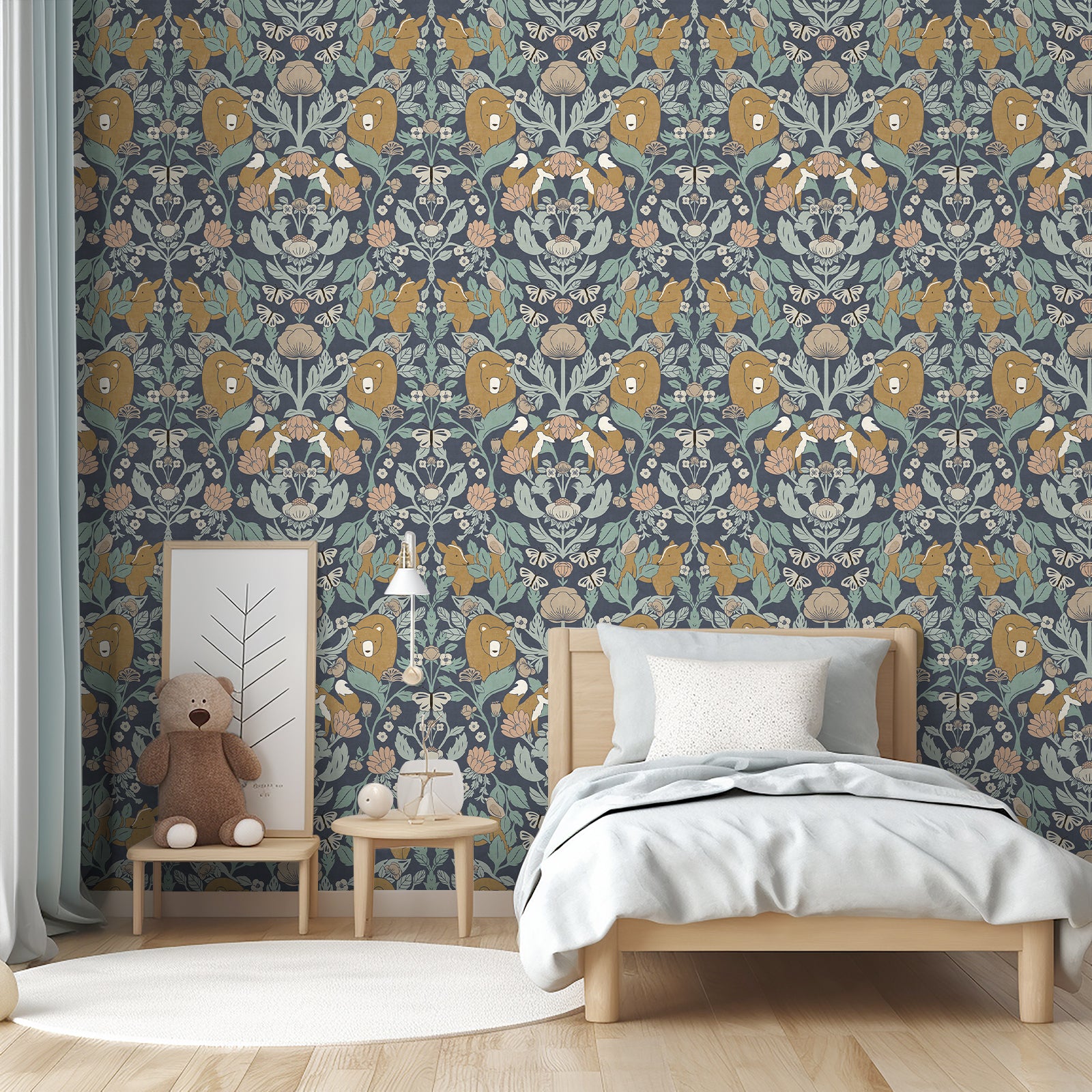 HaokHome Whimsical Woodland Wallpaper – Bears, Foxes & Butterflies in Soft Pastel Floral Design for Nursery & Living Rooms