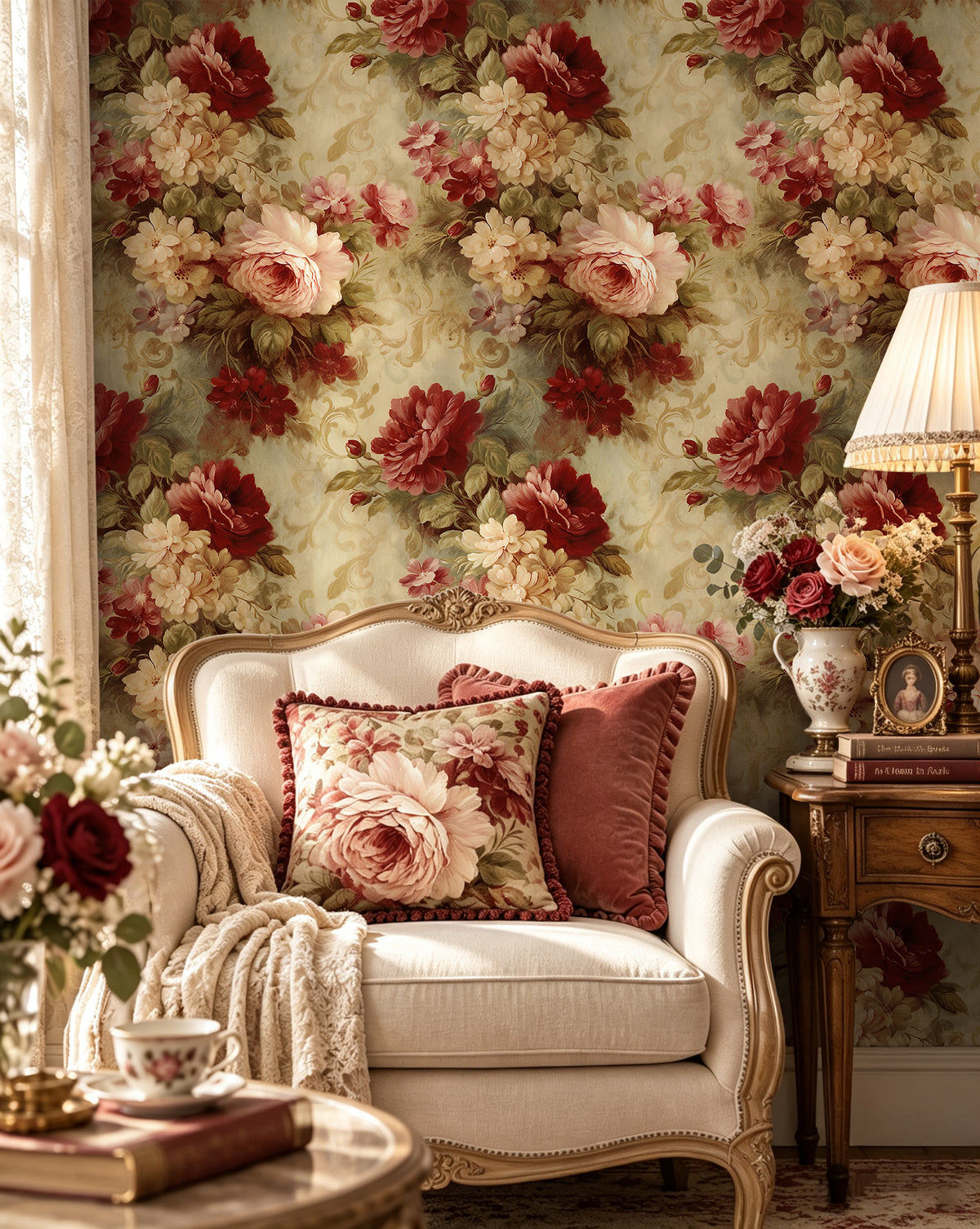 HaokHome antique red floral removable wallpaper for sitting room wall decor