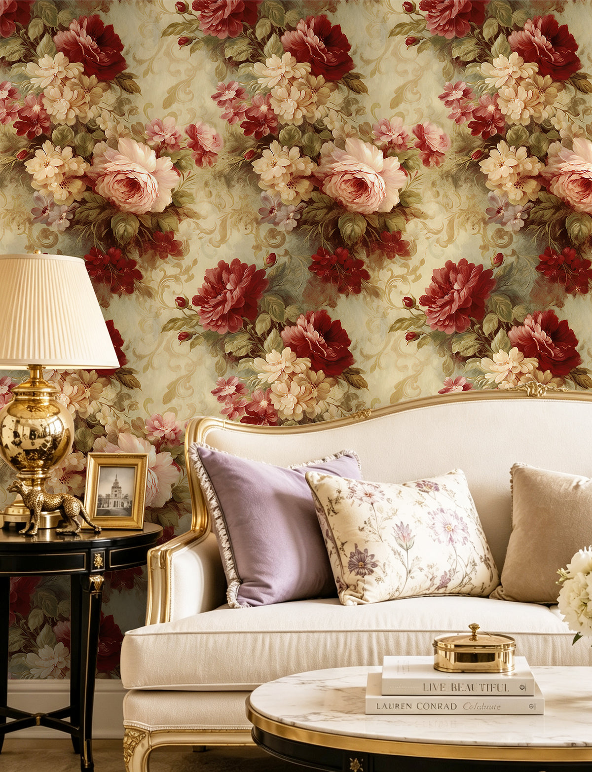 HaokHome antique red rose removable wallpaper for living room accent wall decor
