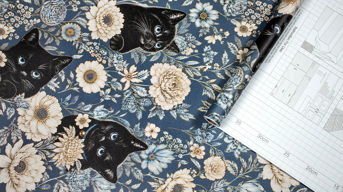 HaokHome black cat floral wallpaper roll detail, peel and stick texture closeup