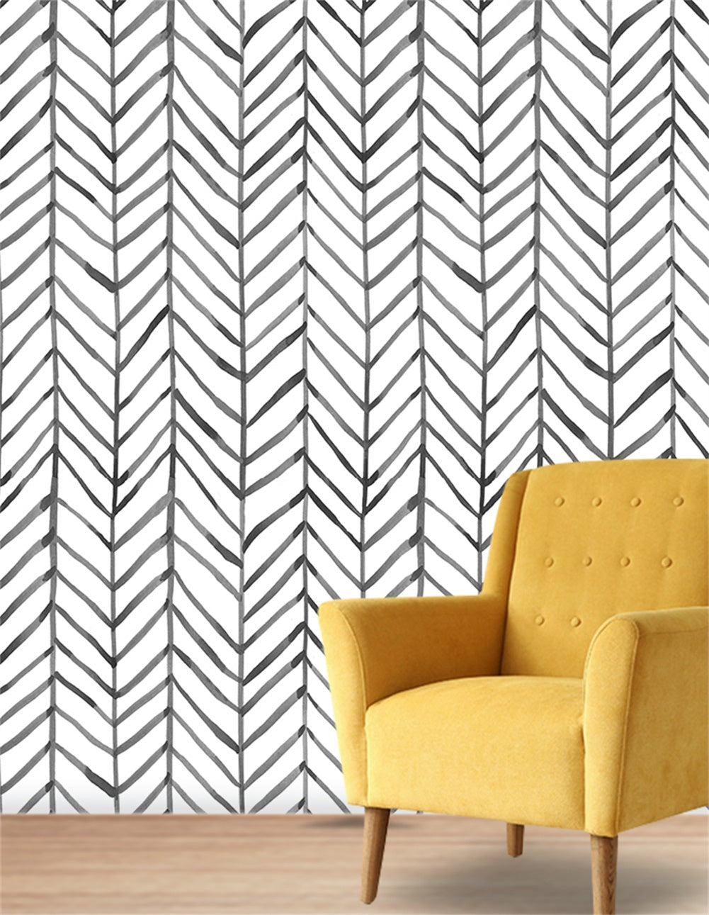 HaokHome black white herringbone peel and stick wallpaper, living room accent wall with yellow armchair
