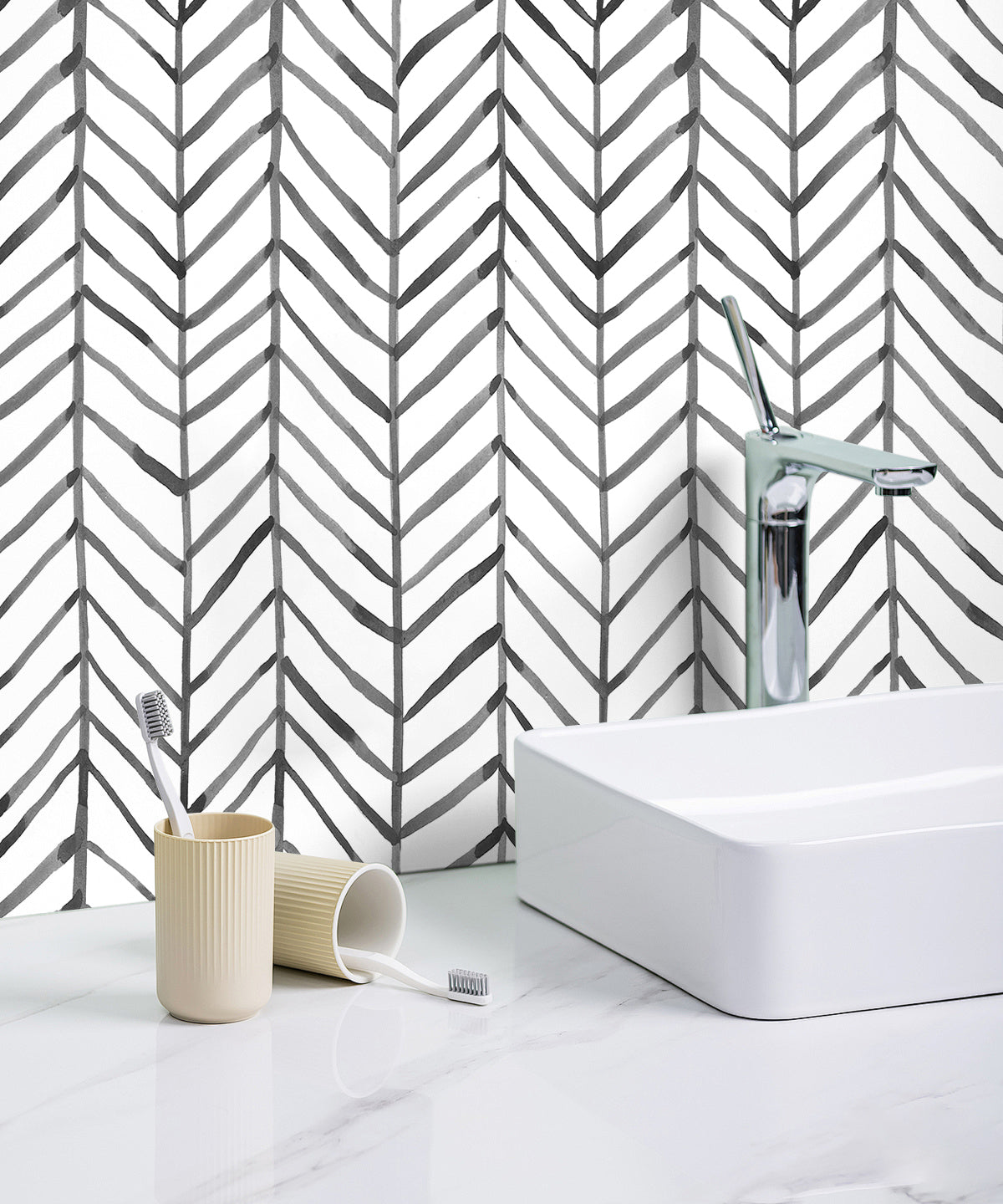 HaokHome black white herringbone peel and stick wallpaper, modern bathroom sink accent wall decor