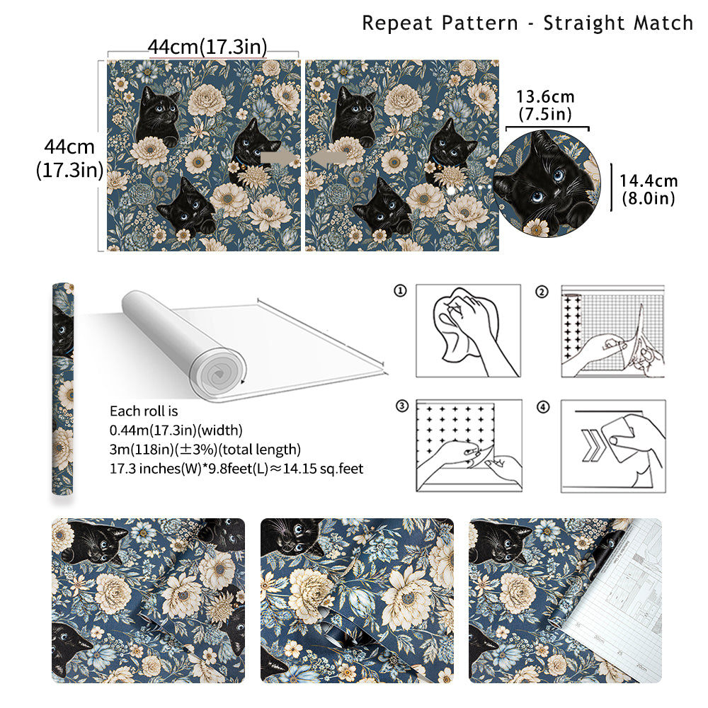 HaokHome blue cat floral wallpaper specification chart, pattern and installation guide