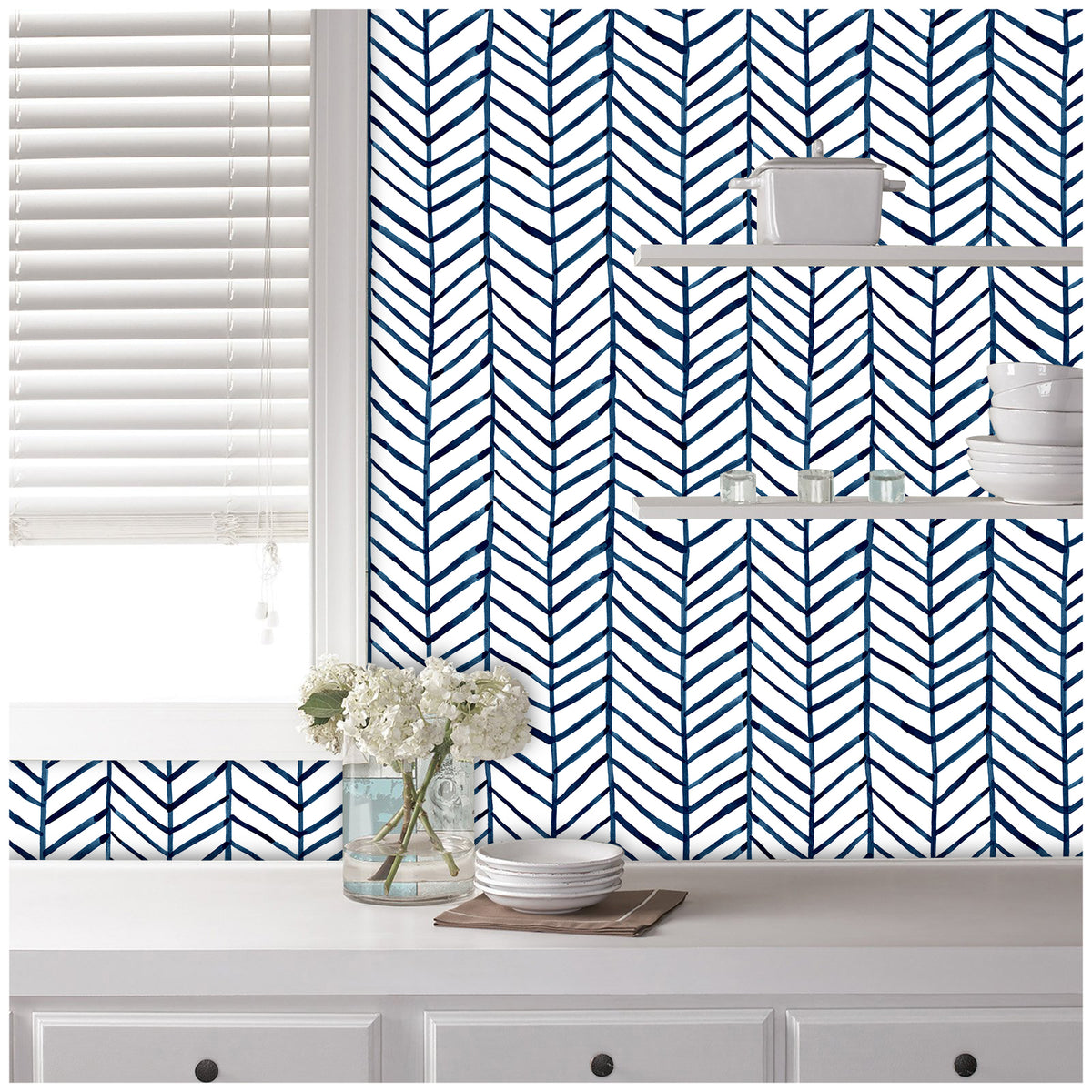 HaokHome blue herringbone peel and stick wallpaper, home office desk accent wall decor