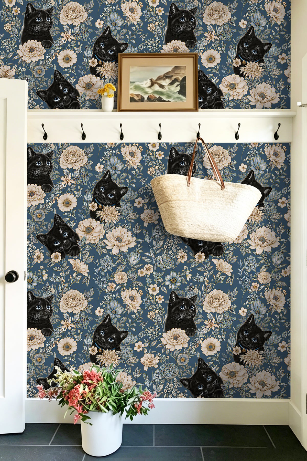 HaokHome blue vintage cat floral peel and stick wallpaper, cottage entryway wall decor