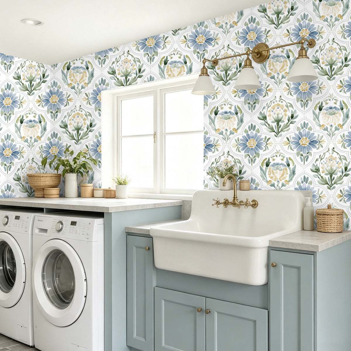 HaokHome blue vintage floral peel and stick wallpaper brightens up laundry room space