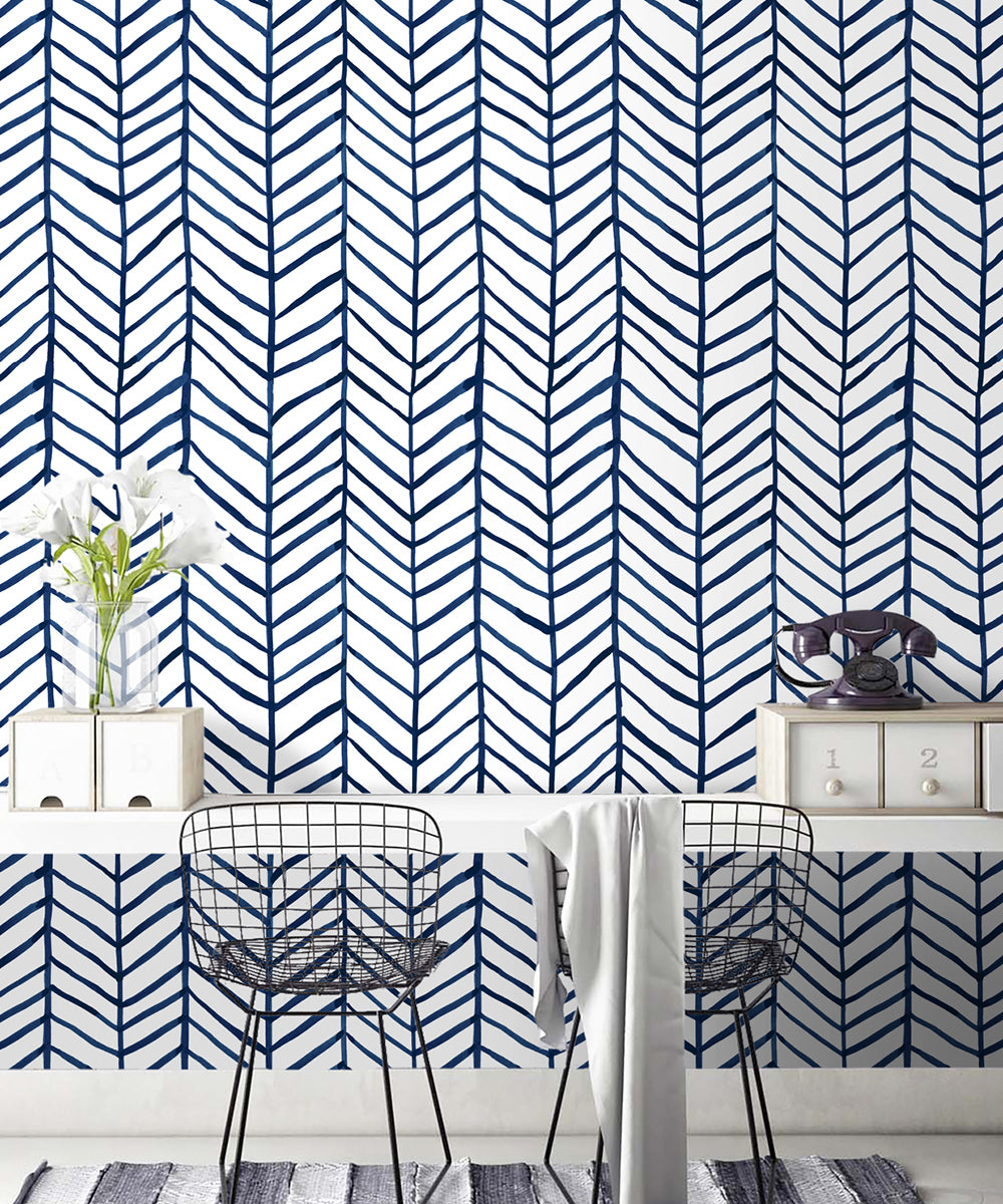 HaokHome blue watercolor herringbone wallpaper, display shelf wall decor for home