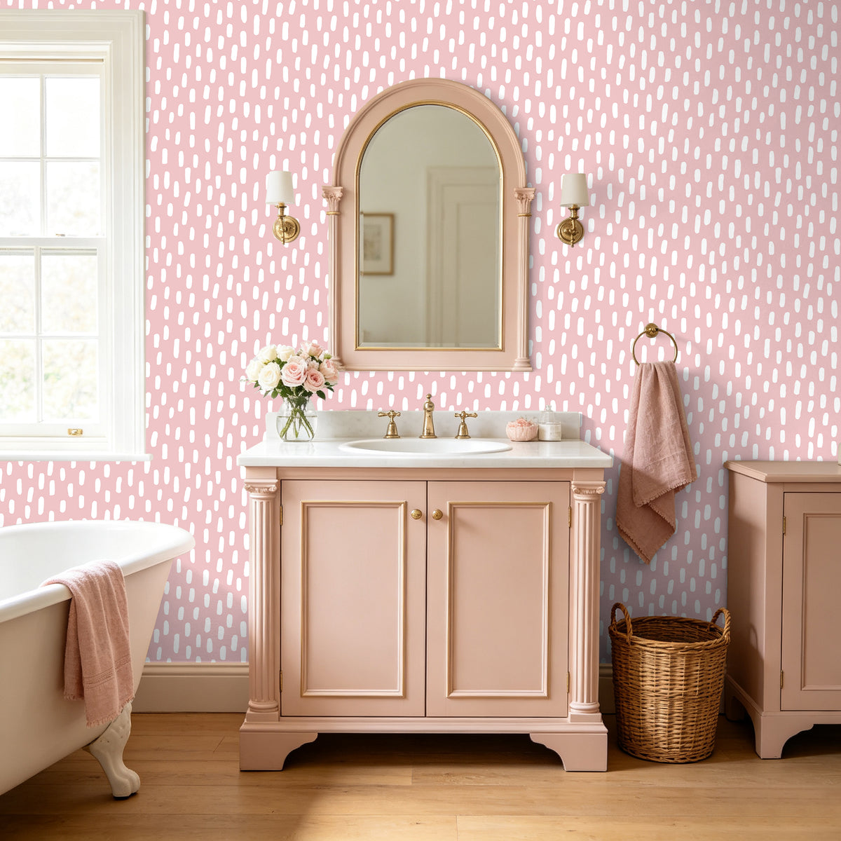 HaokHome blush pink dash self-adhesive wallpaper, vintage bathroom wall decor, waterproof peel and stick wall covering