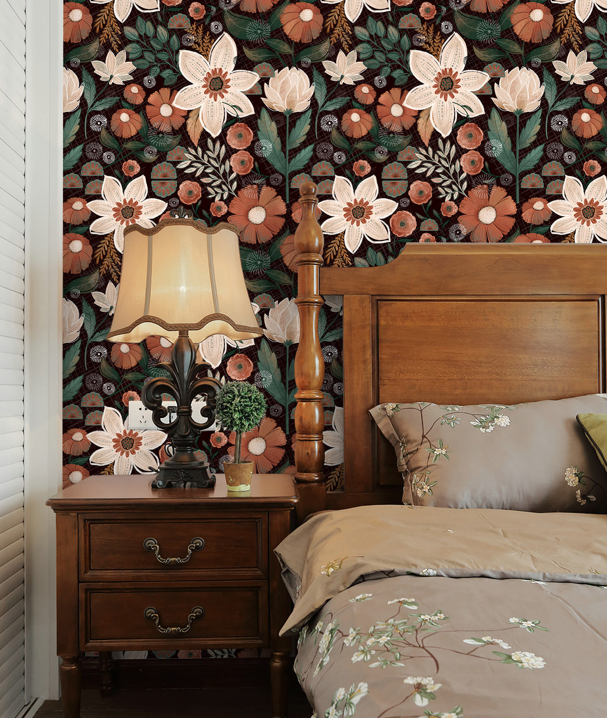 HaokHome boho floral removable wallpaper, earth tone flower accent wall for bedroom