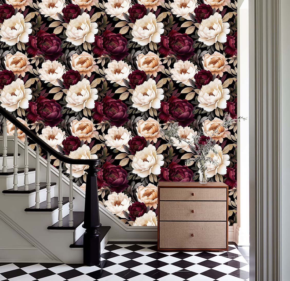 HaokHome burgundy floral removable wallpaper, staircase accent wall classic home decor