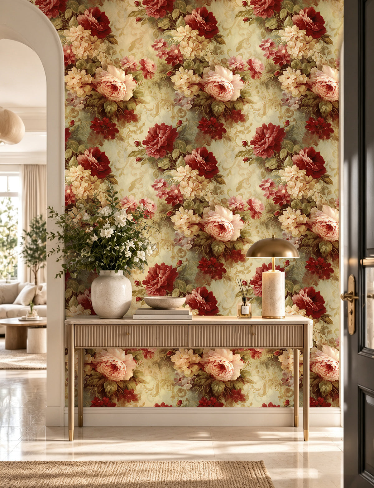 HaokHome classic vintage rose removable wallpaper for hallway feature wall