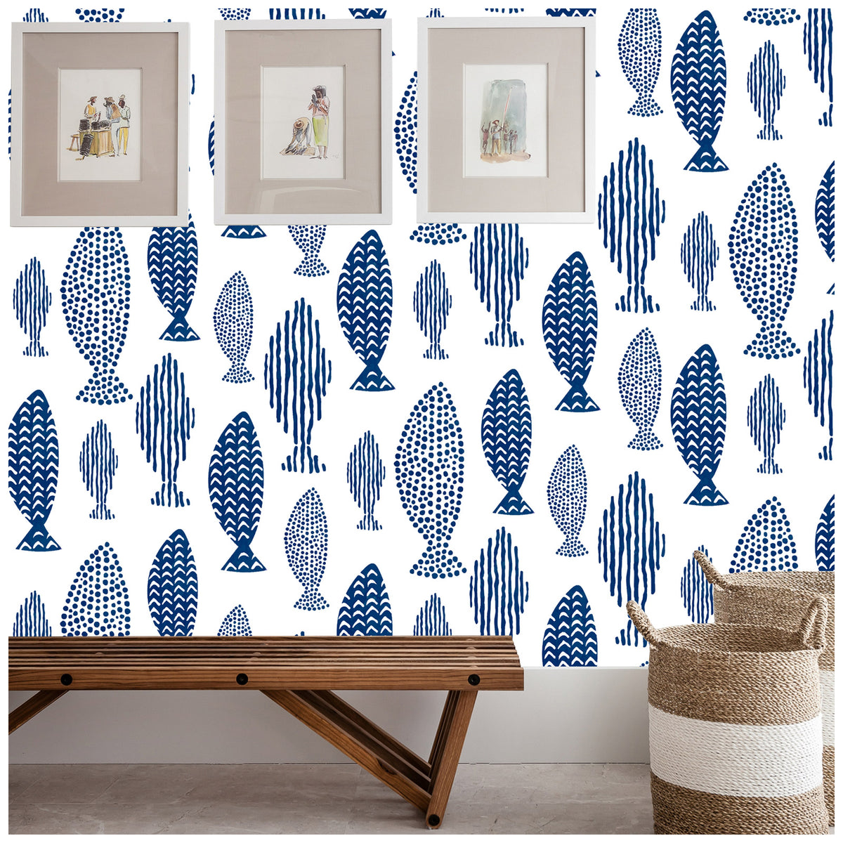 HaokHome coastal nautical blue fish removable wallpaper, fish pattern wall in entryway