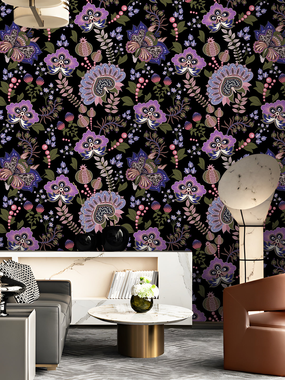 HaokHome dark boho floral peel and stick wallpaper, purple folk flower accent wall in modern living room