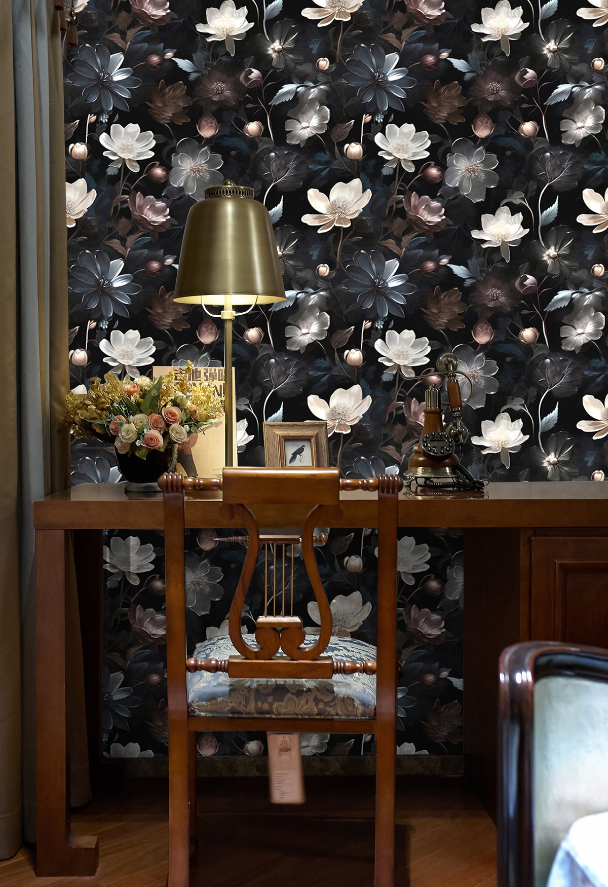 HaokHome dark botanical peel and stick wallpaper, magnolia flower wall decor for vintage vanity room