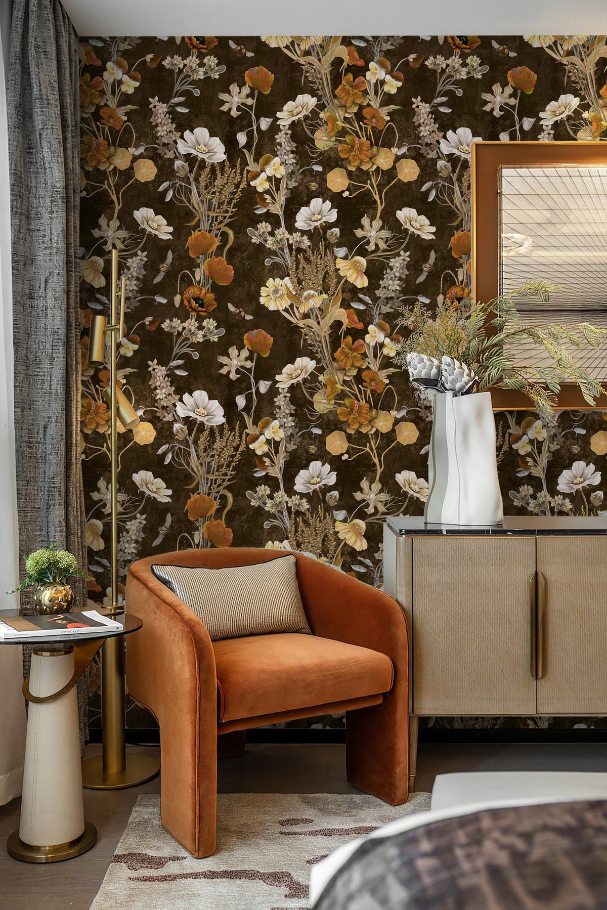 HaokHome dark botanical wildflower peel stick wallpaper for reading nook accent wall