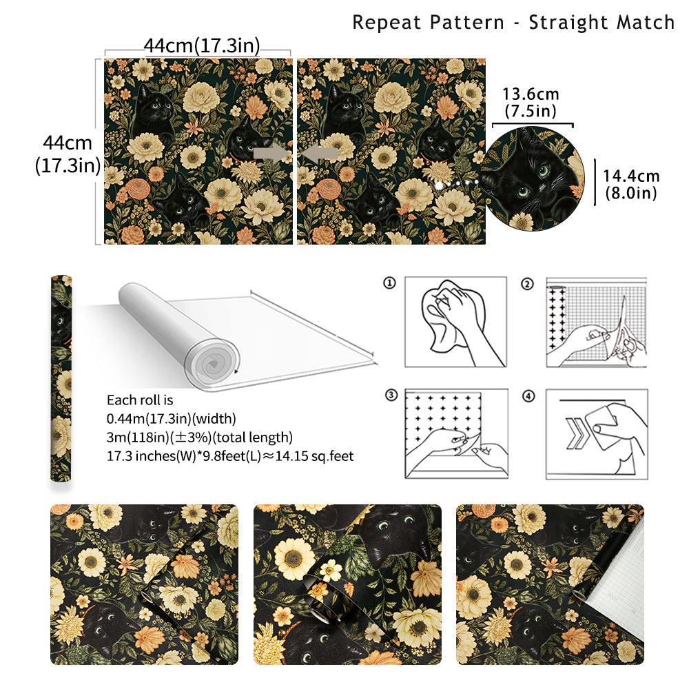 HaokHome dark floral cat wallpaper specification sheet, size and installation guide