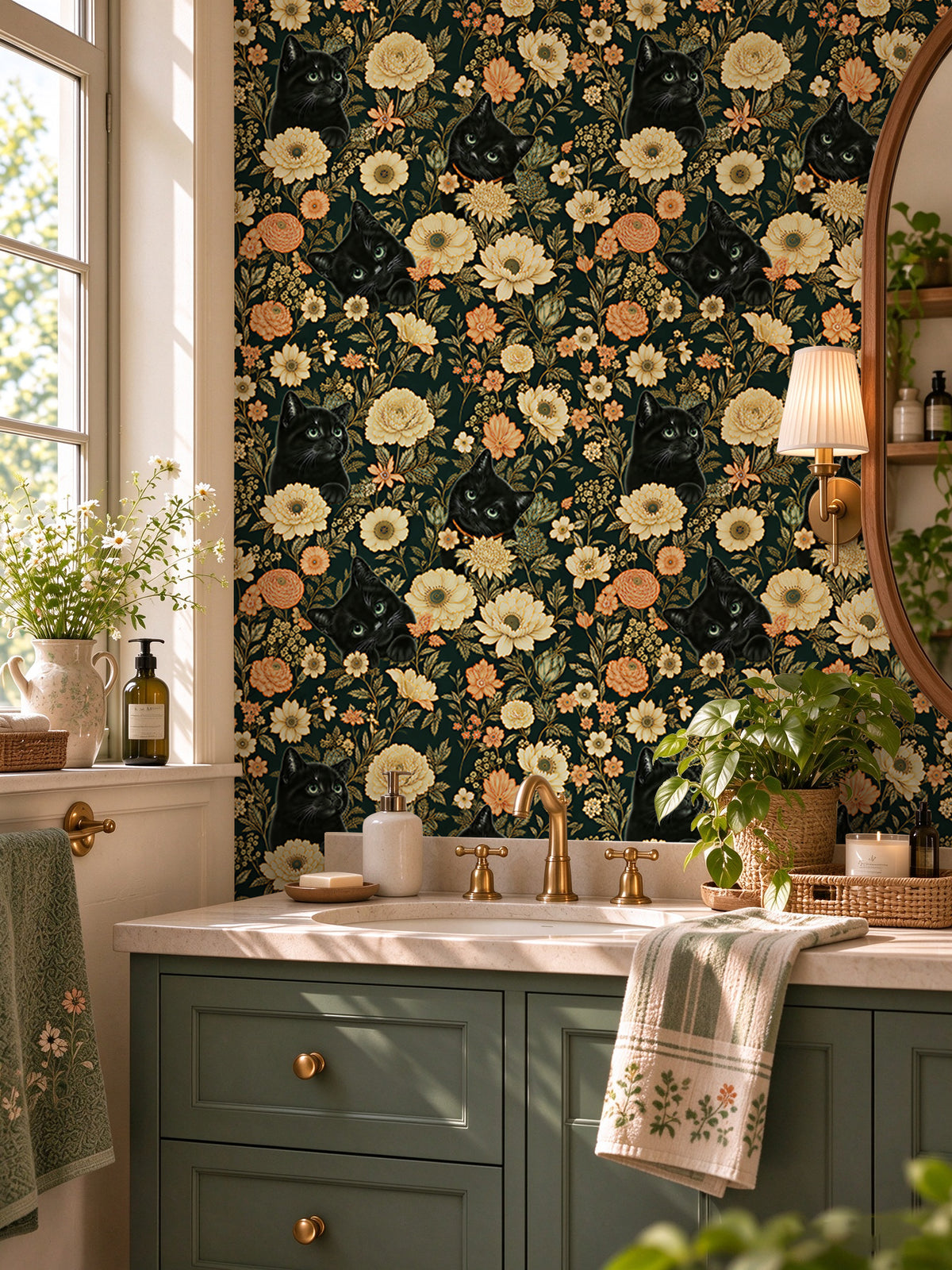 HaokHome dark green flower self adhesive wallpaper, cottage bathroom vanity wall