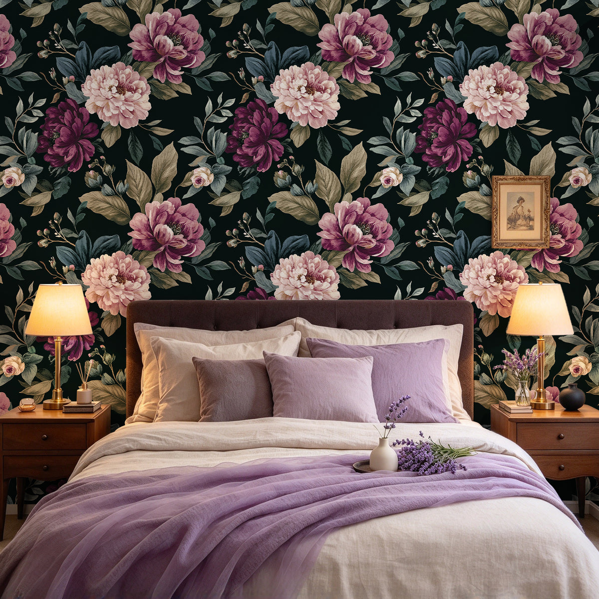 HaokHome dark green vintage peony peel and stick wallpaper for master bedroom accent wall