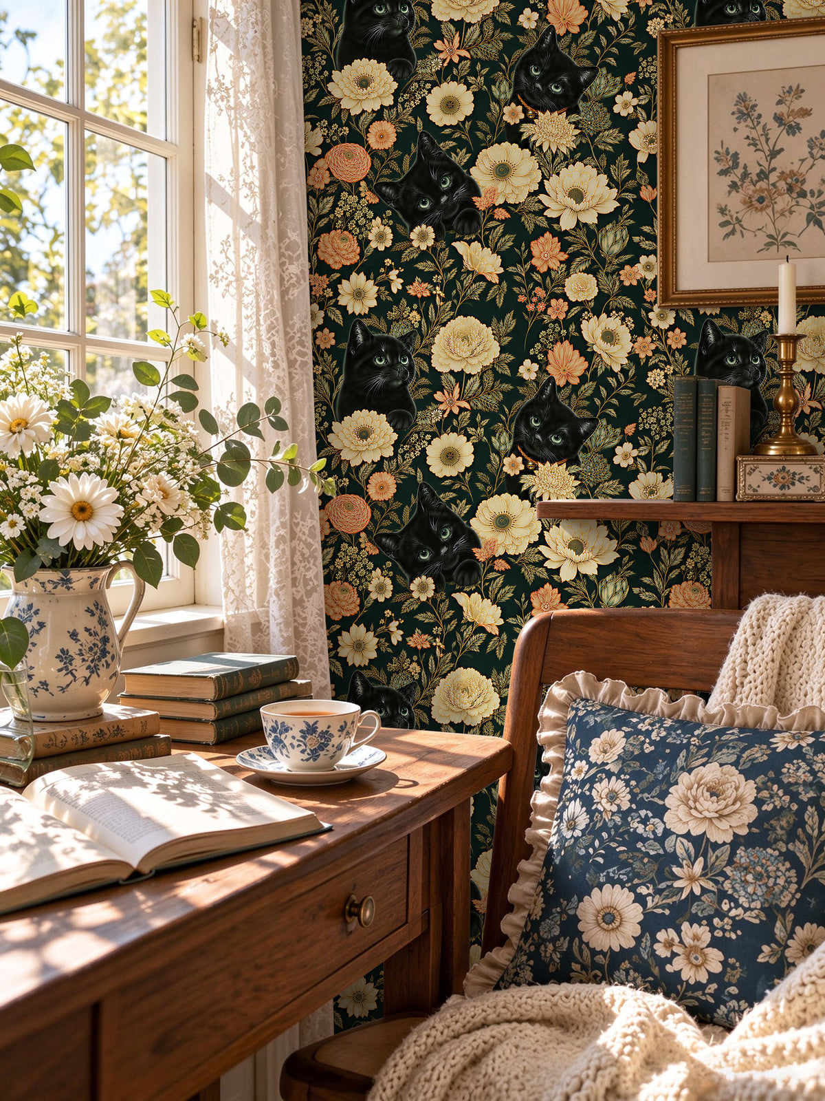 HaokHome dark green wildflower cat wallpaper, cottage study desk accent wall