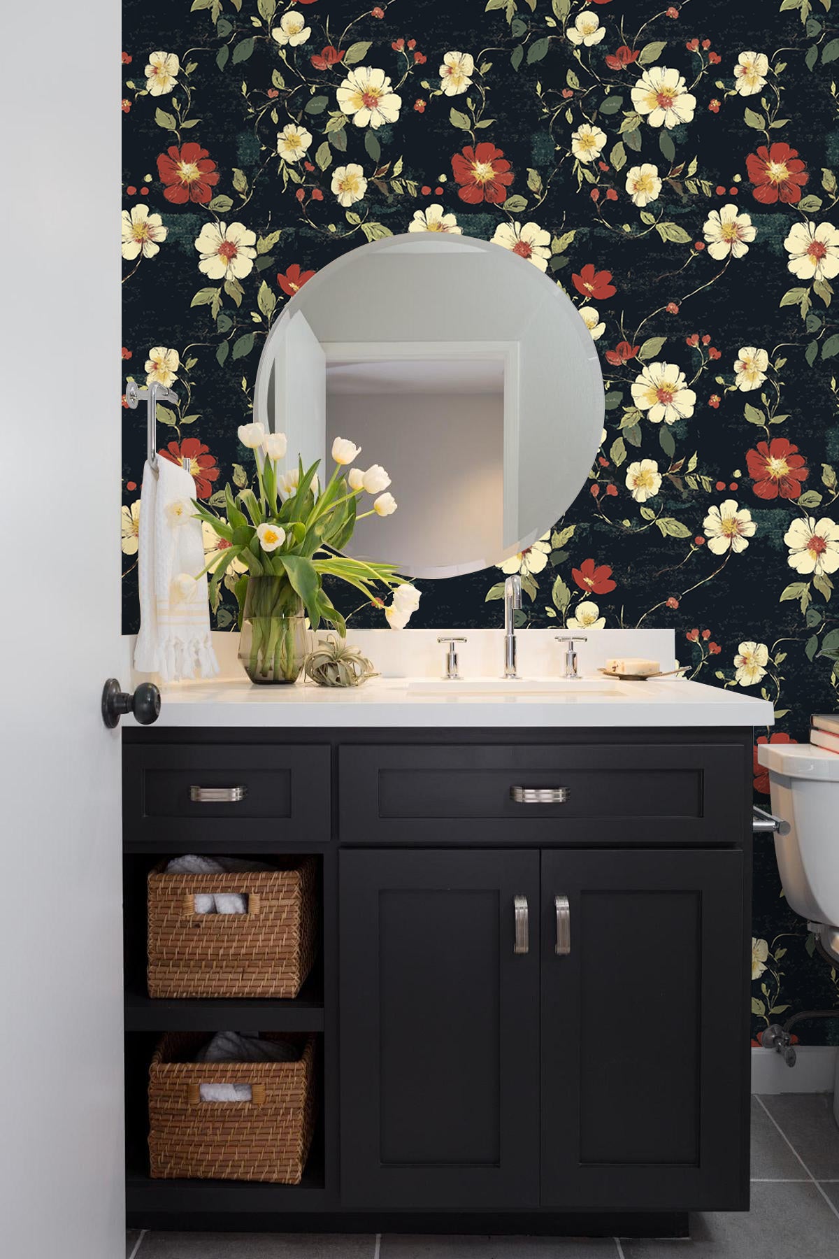 HaokHome dark navy floral self adhesive wallpaper, vintage botanical wall covering for powder room decor