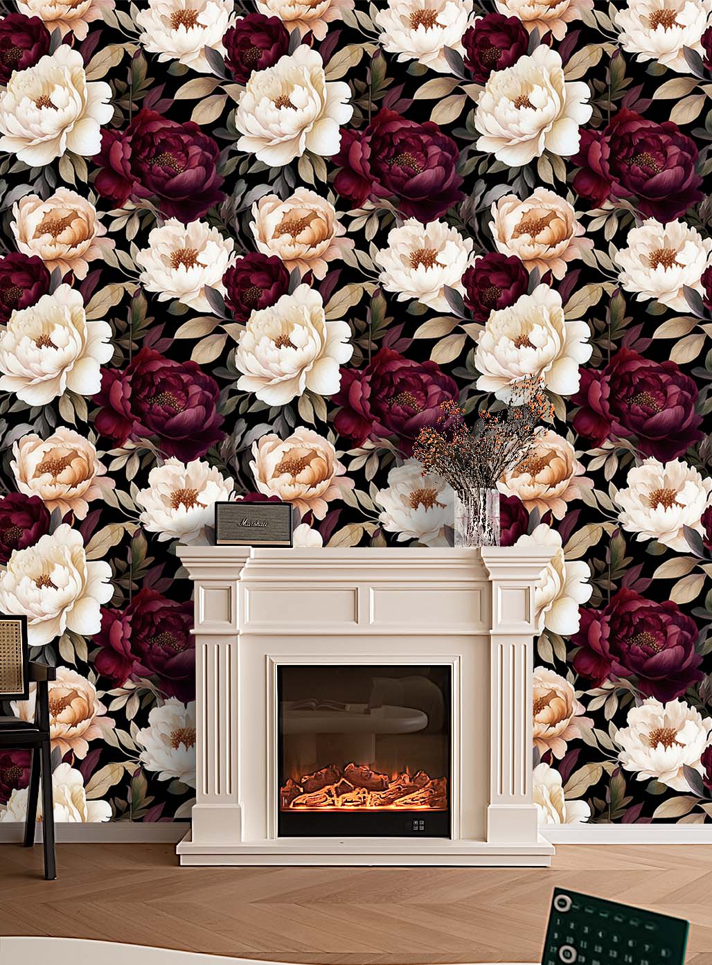 HaokHome dark peony floral wallpaper, fireplace feature wall for moody interior