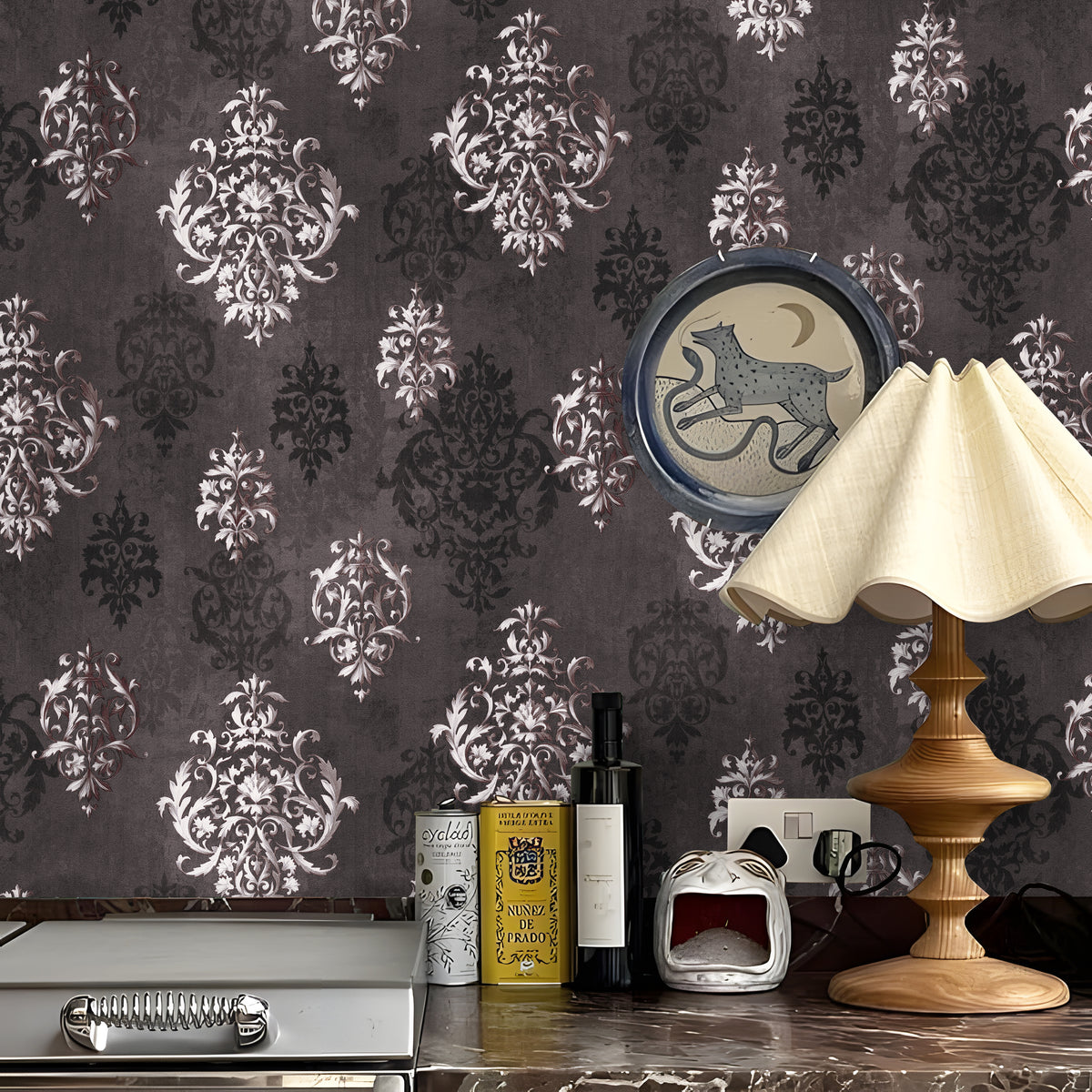 HaokHome dark vintage damask peel and stick wallpaper, ornate white scroll pattern on charcoal black wall, antique accent wall decor