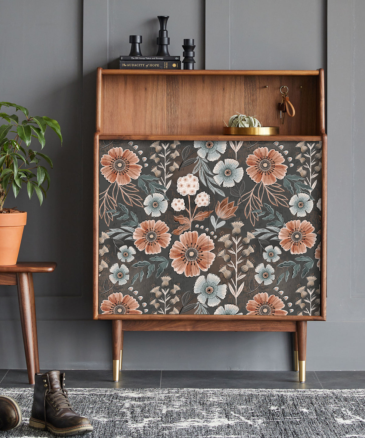 HaokHome dark vintage floral peel and stick wallpaper, self-adhesive wall covering for cabinet makeover and furniture renovation