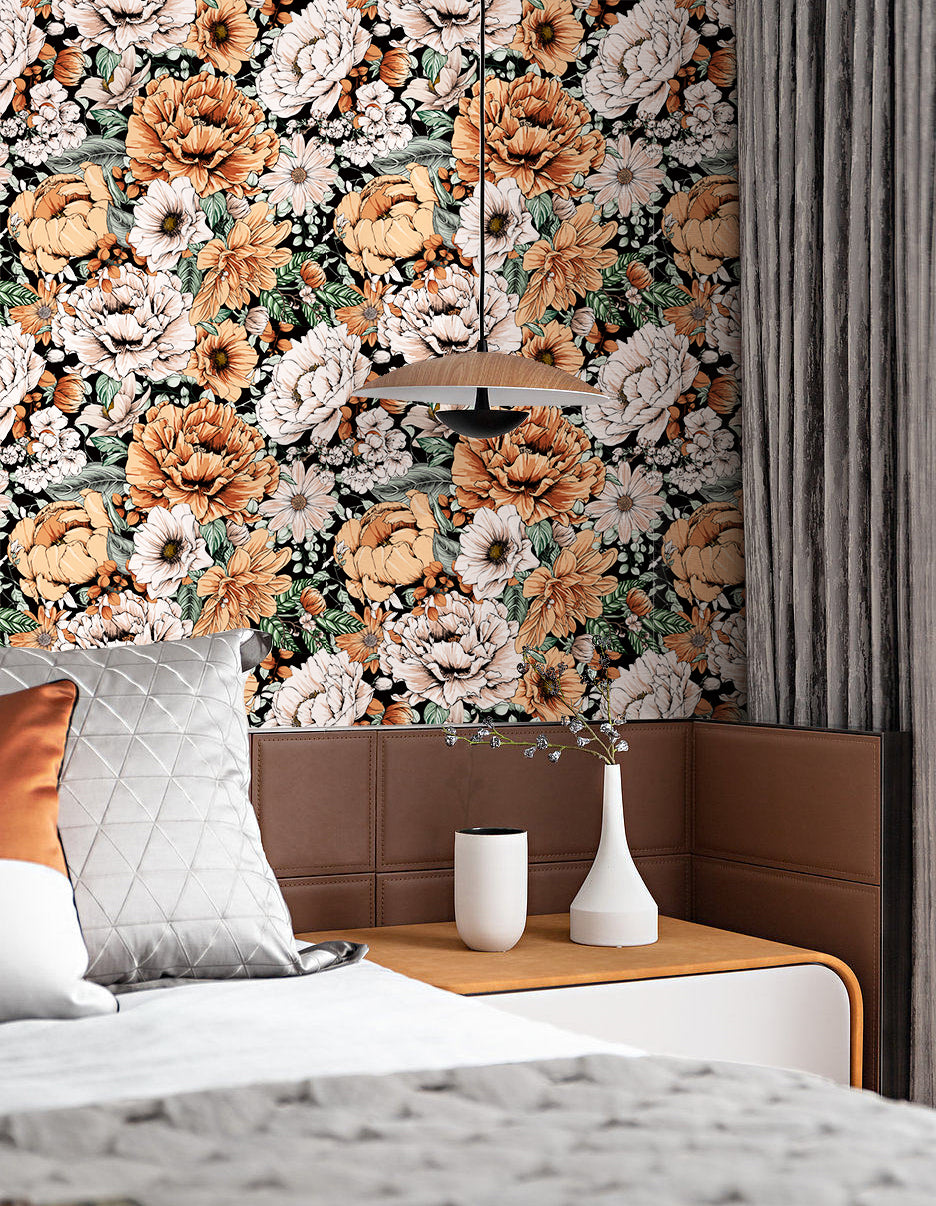 HaokHome dark vintage orange floral removable wallpaper for bedroom accent wall