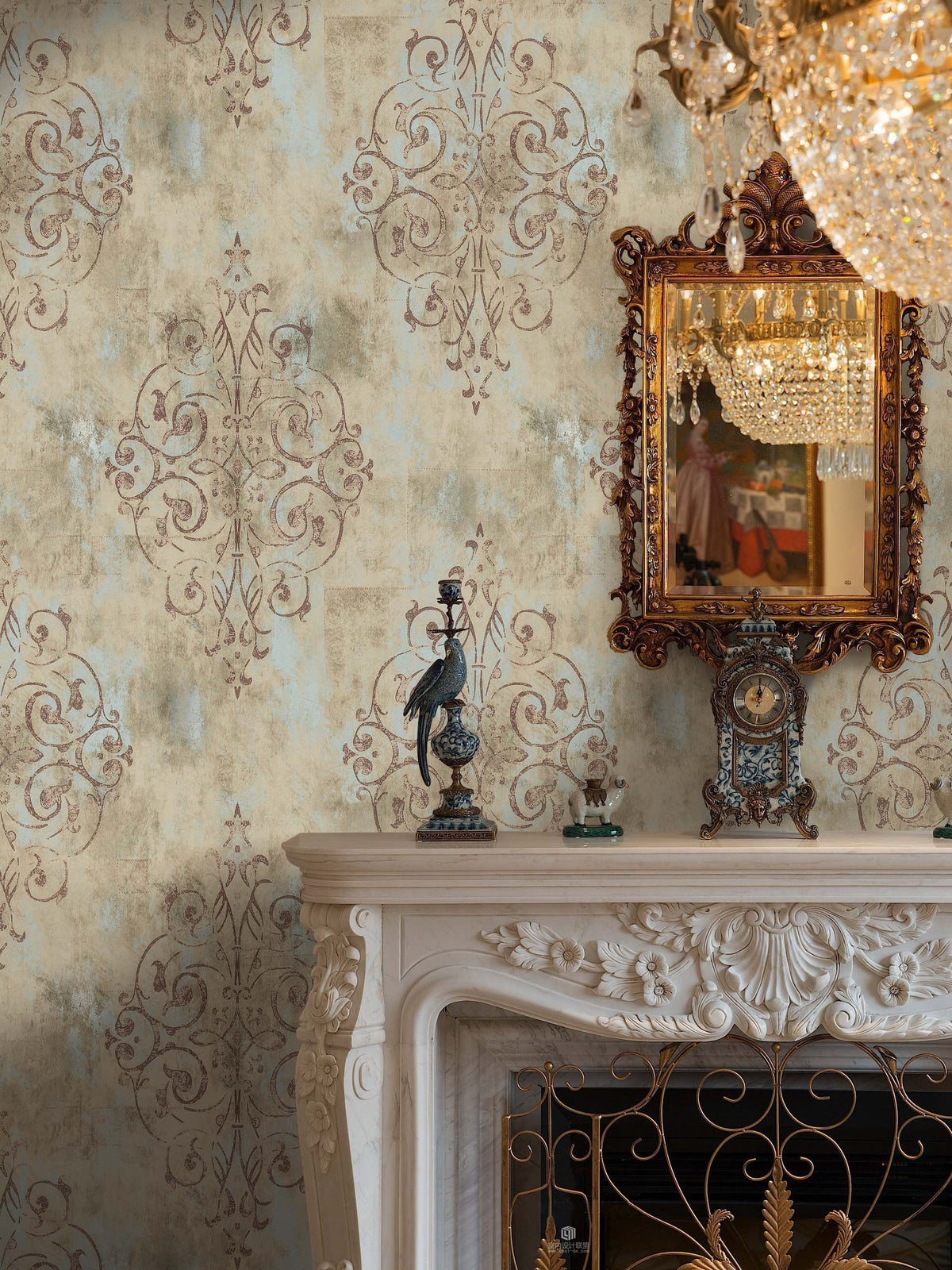 HaokHome distressed damask removable wallpaper, vintage accent wall for living room fireplace