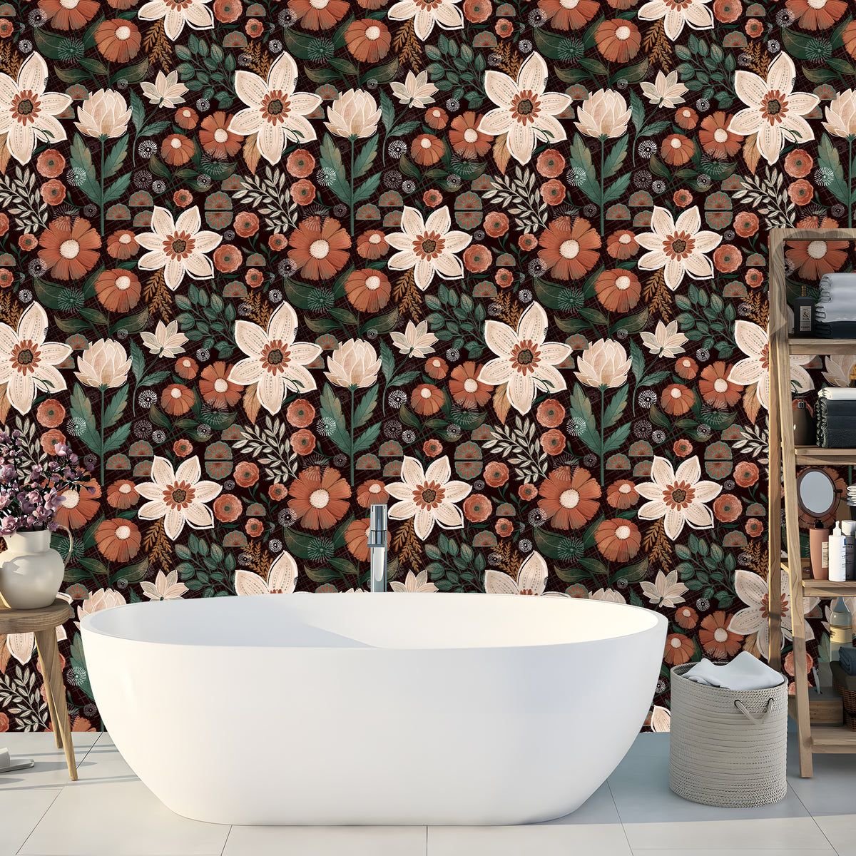 HaokHome Wallpaper Peel and Stick Floral Botanical Dark Brown/Beige/Green Retro Wall Decor Removable Mural for Bedroom & Living Room