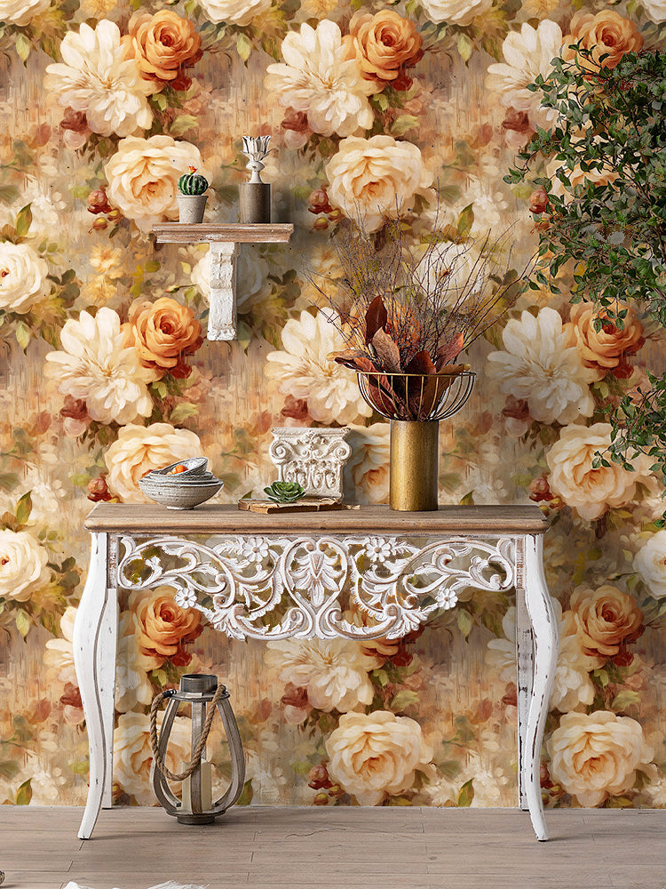 HaokHome earth tone watercolor rose floral peel and stick wallpaper for console table wall, vintage large flower removable wall covering for entryway decor