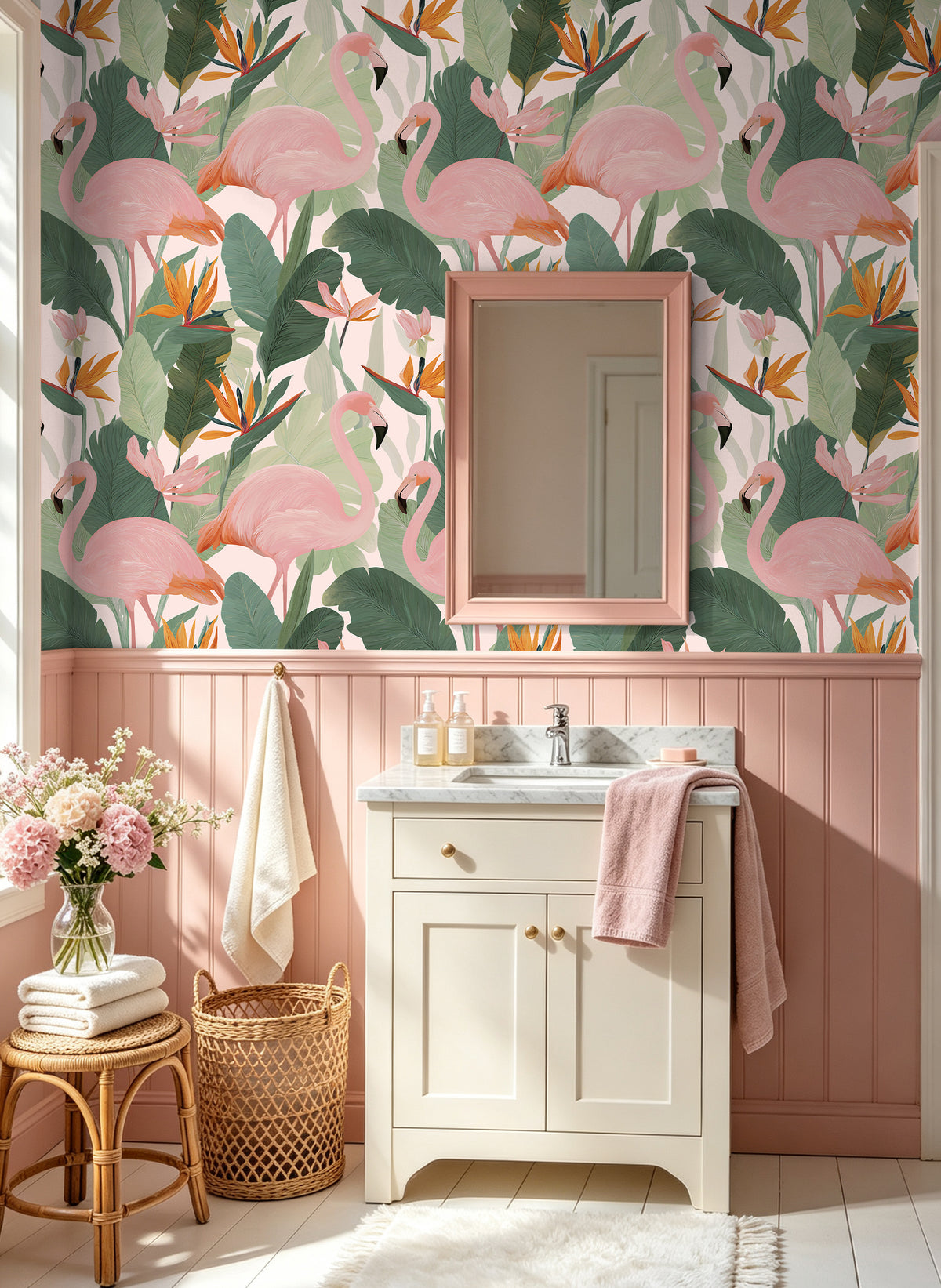 HaokHome fun flamingo botanical peel‑and‑stick wallpaper for charming two‑tone powder room vanity