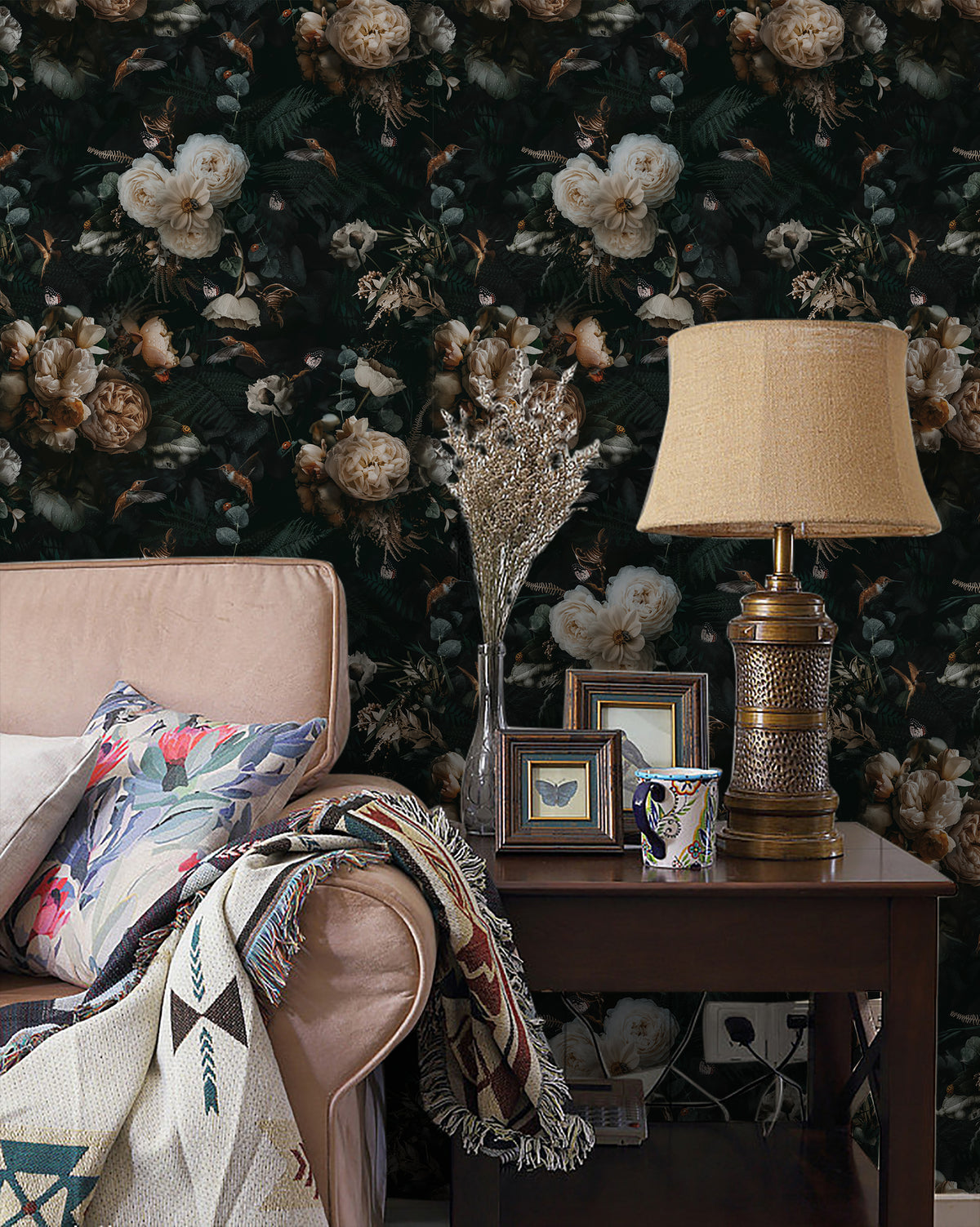 HaokHome gothic moody floral peel‑and‑stick wallpaper for contrast vintage living‑room reading corner