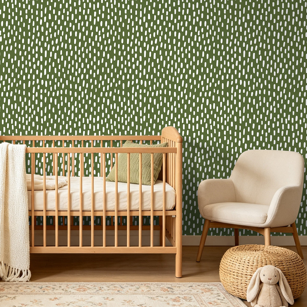 HaokHome green dash peel and stick wallpaper, gender-neutral nursery with wooden crib, soft boho kids room wall decor