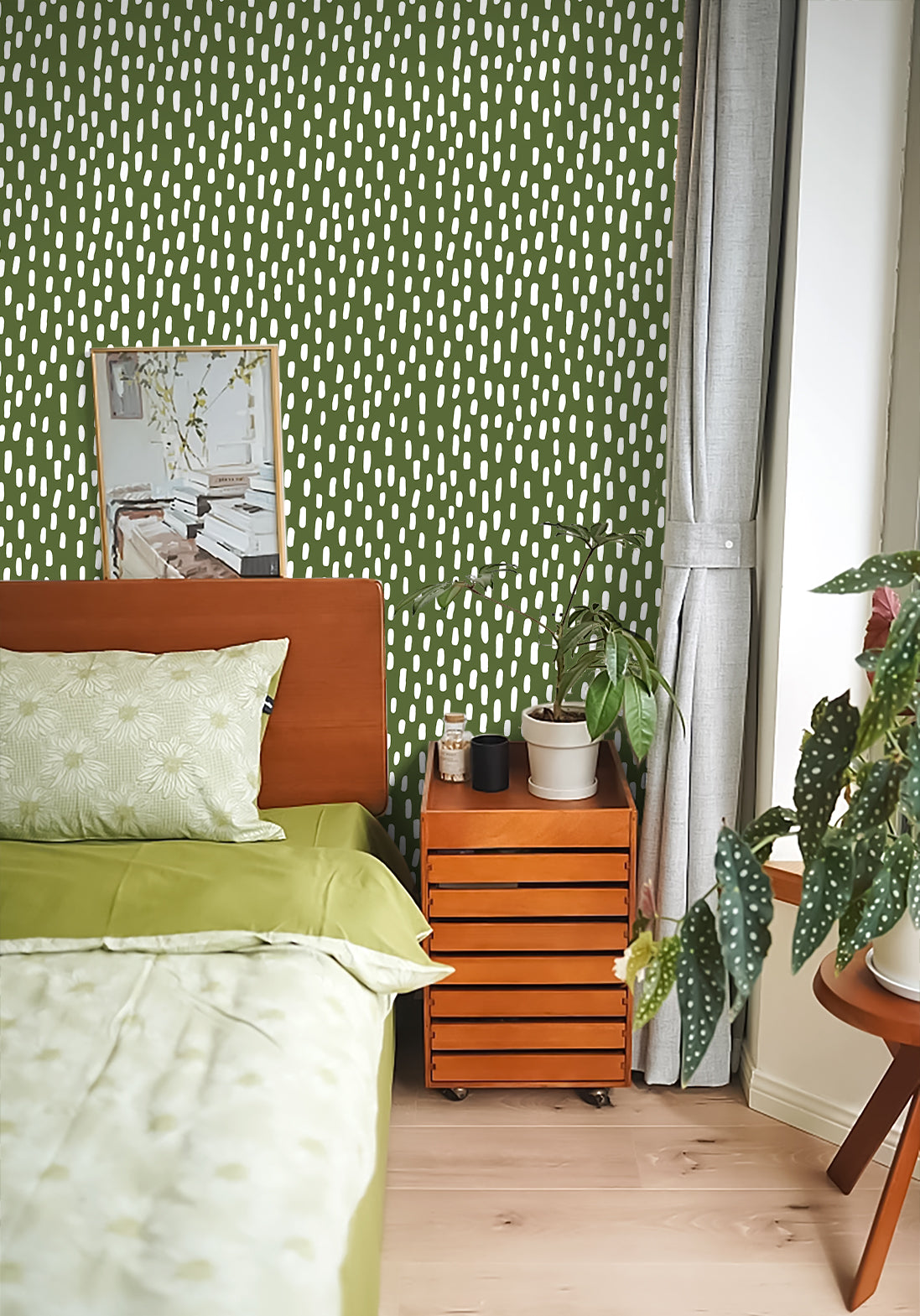 HaokHome green dash removable wallpaper, cozy bedroom accent wall, modern boho interior with green dotted wall covering