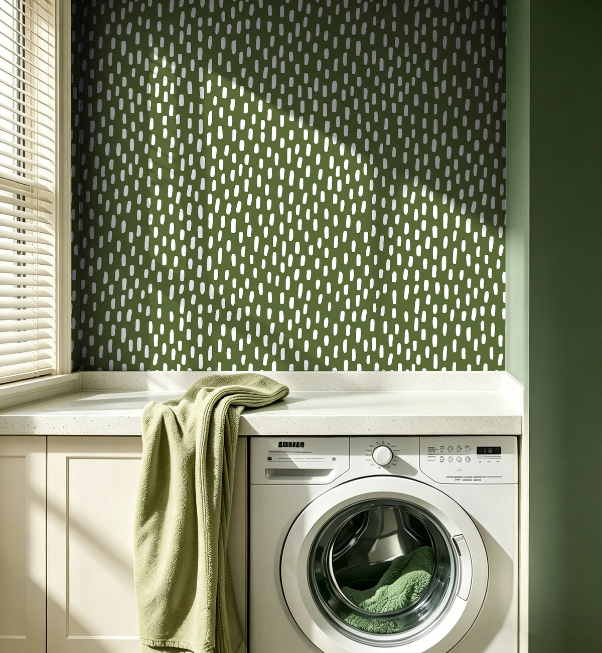HaokHome green dash self-adhesive wallpaper, laundry room wall decor, waterproof peel and stick wall covering for utility space